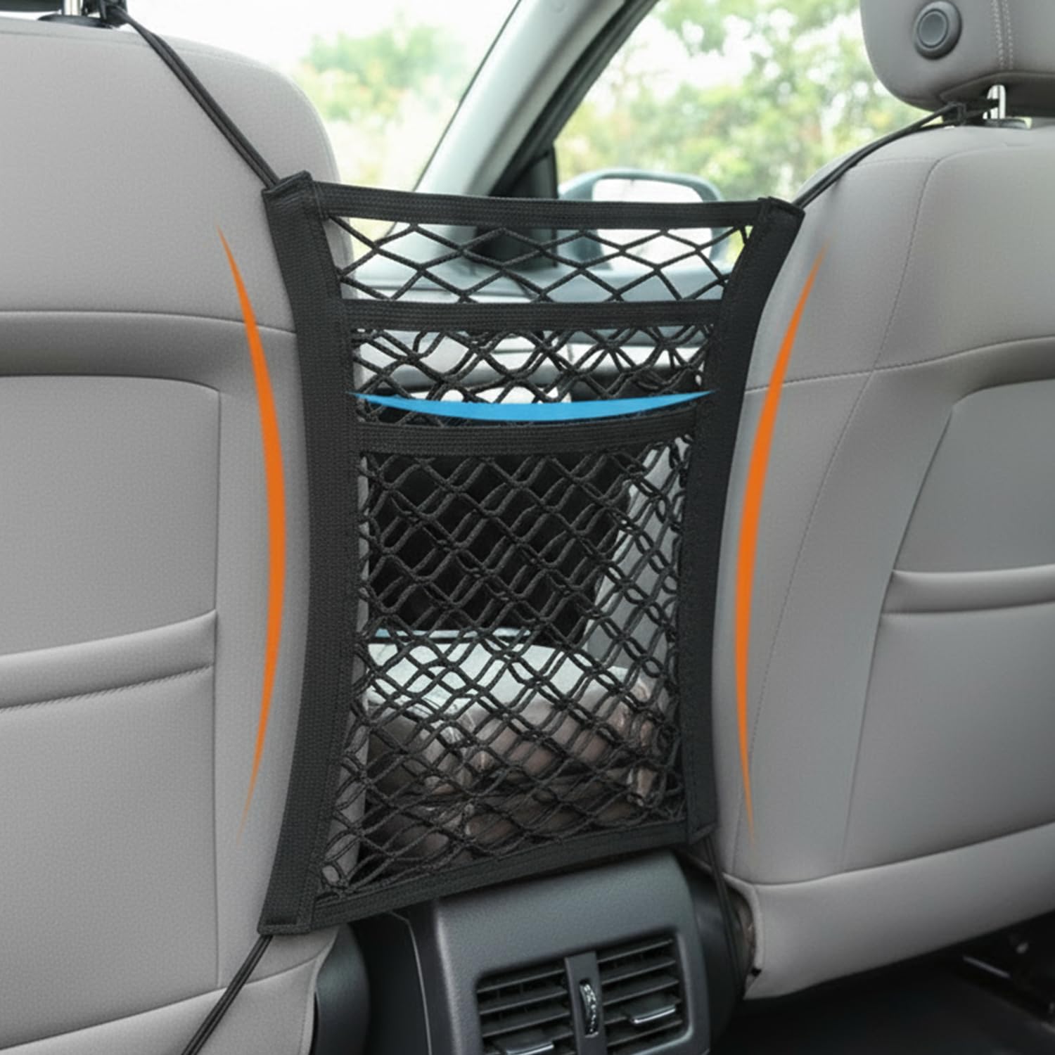 Hundegitter Auto | Hundenetz Auto | 3-Lagiger Organizer für Rücksitz – Multifunktionale Netz-Tasche – Sicherer Schutz für Haustiere & Gepäck