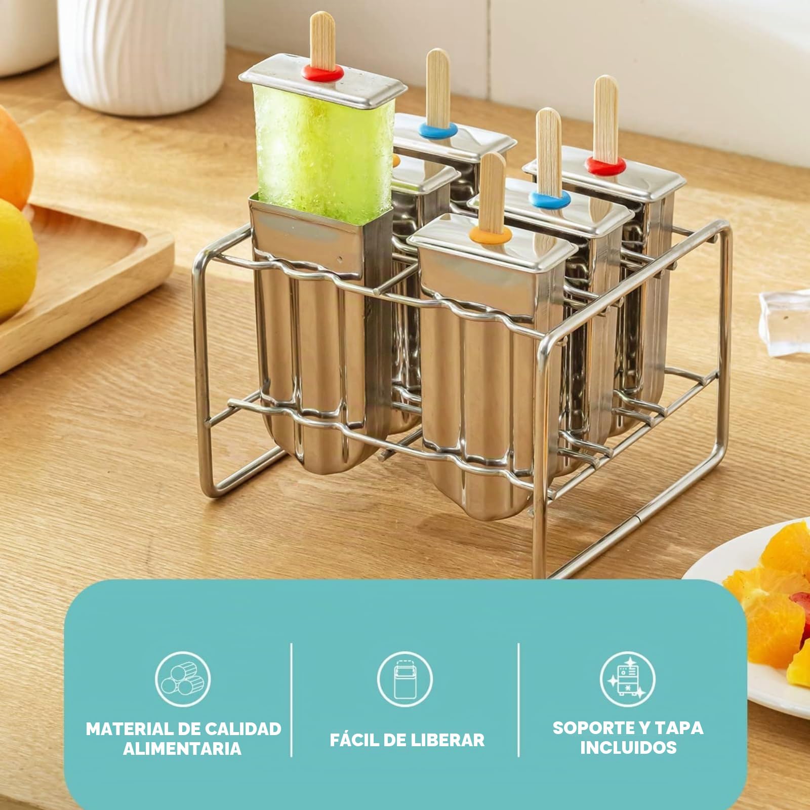Moldes para helados de acero inoxidable 304, antifugas, juego de moldes con varillas de madera y base de metal, máquinas de hielo reutilizables para niños y familia (6 moldes + 50 tallos)