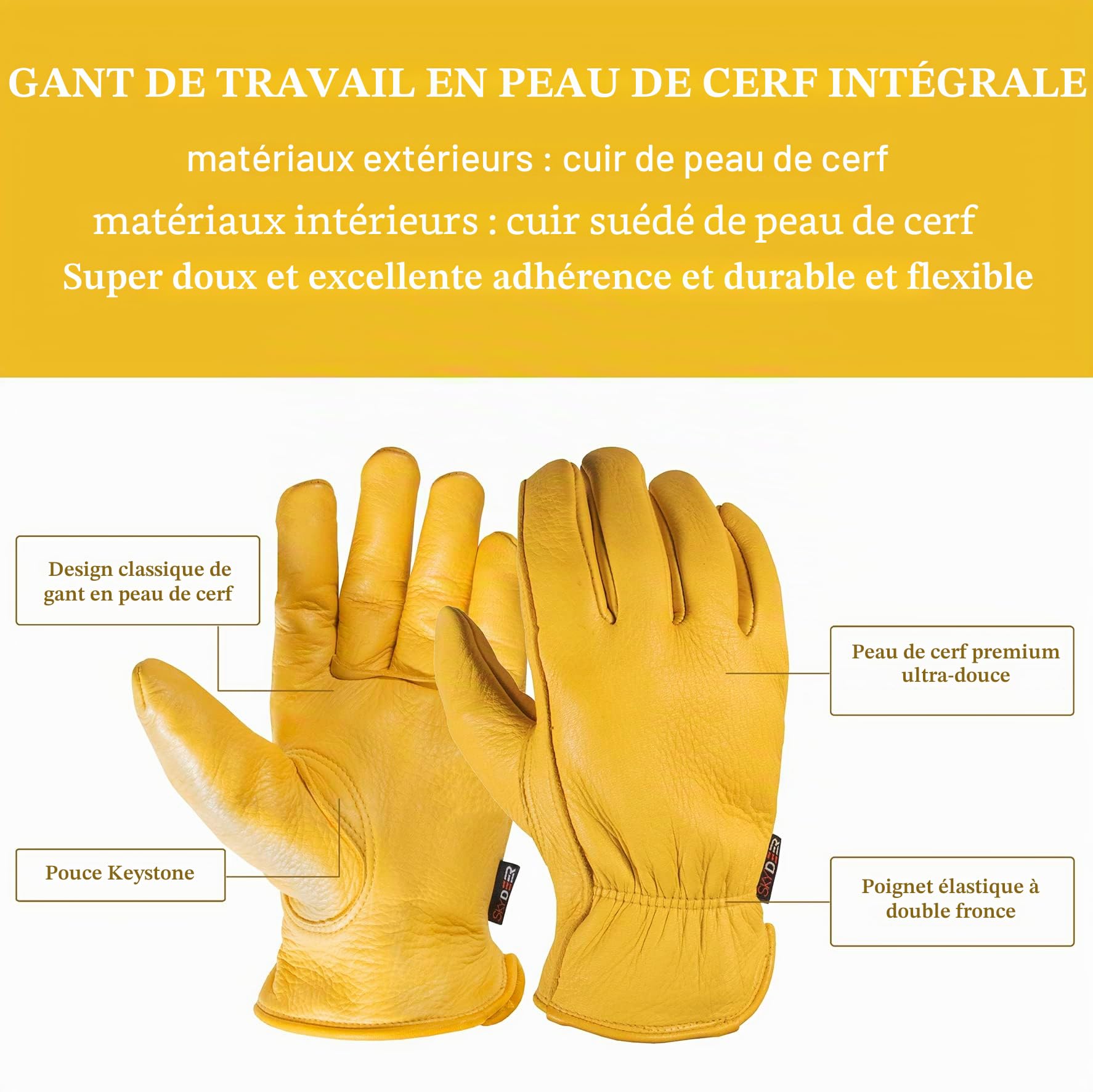 SKYDEER Gants de travail professionnels en cuir de cerf véritable, extrêmement flexibles et respirants (SD2210/L)