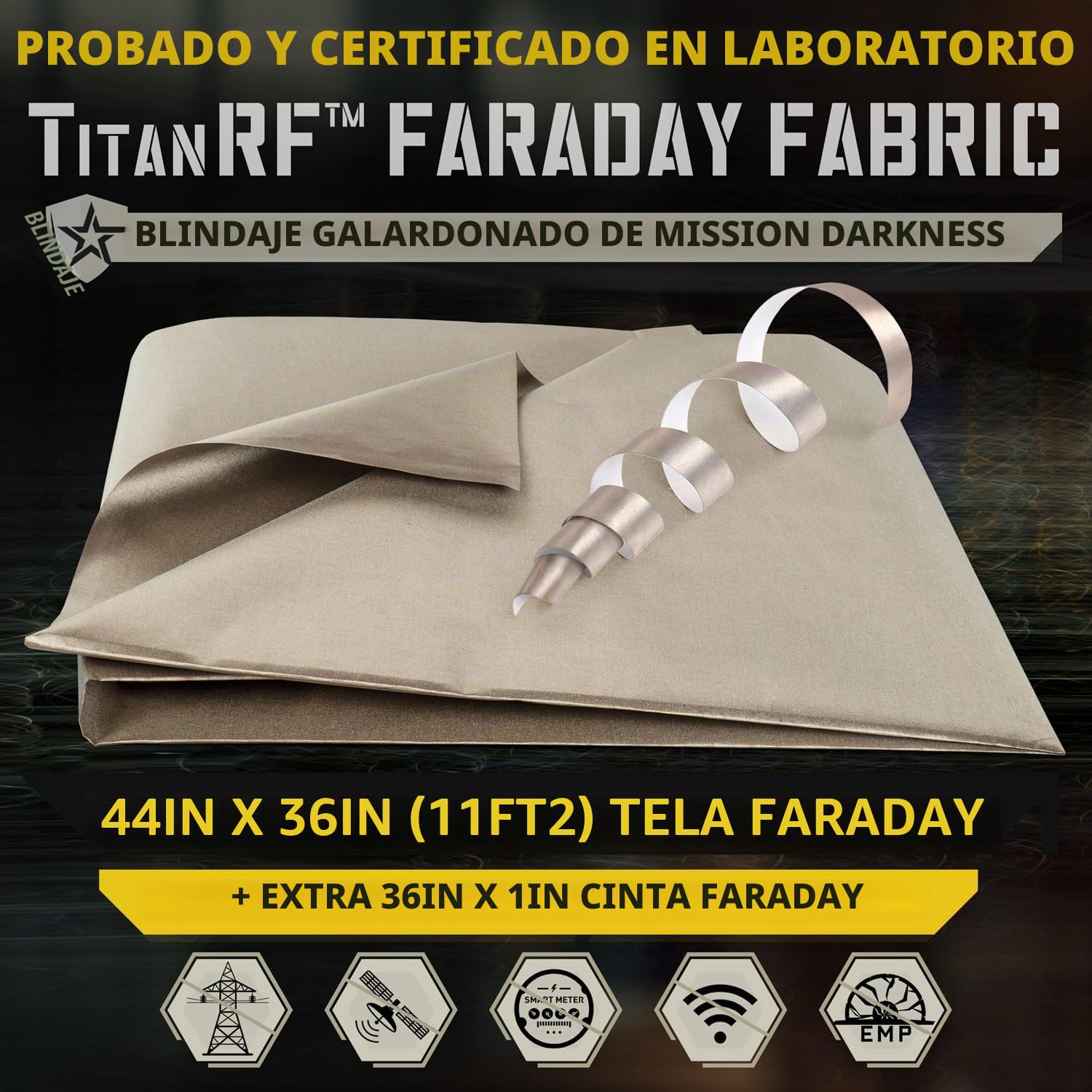 TitanRF Faraday Fabric 44" x 36" (.91m x 1.1m) + Extra 36" TitanRF Tape! Military Grade Certified Material Blocks RF Signals (WiFi, Cell, Bluetooth, RFID, EMF Radiation Shielding)
