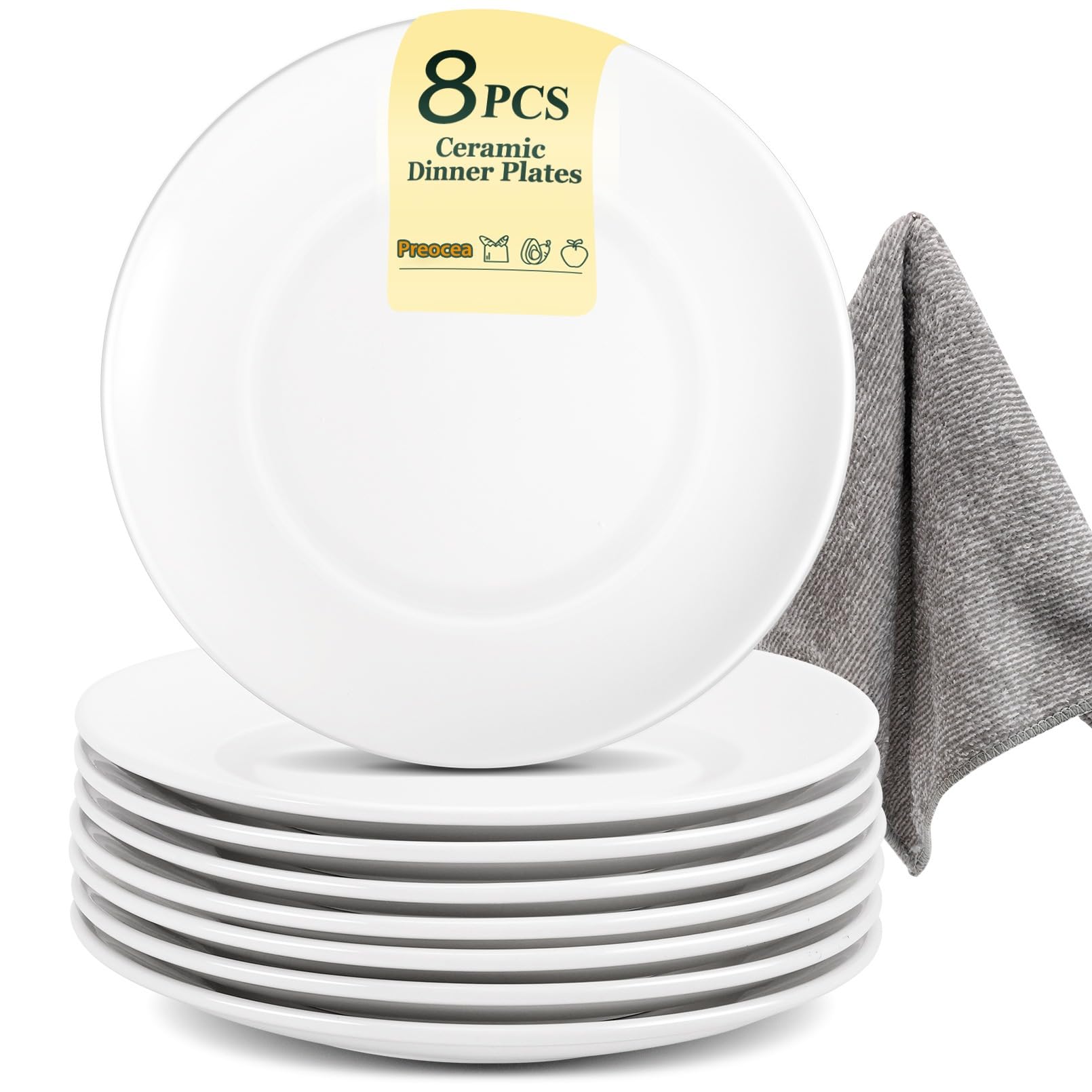 Lot de 8 assiettes plates blanches de 20,3 cm, assiettes à salade en porcelaine, assiettes à dessert en céramique, passent au micro-ondes et au lave-vaisselle