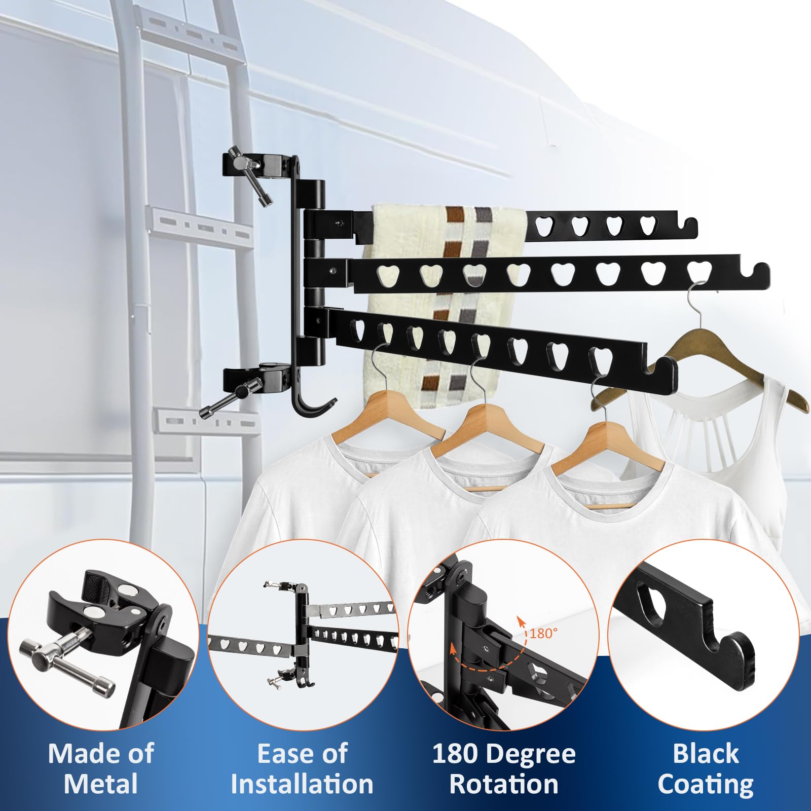 Jiaxitek RV Clothes Drying Rack,180° Swivel Arms All Metal Ladder Mounted Clothes Drying Rack,90°Foldable Design for MotorHomes,Boat,Trailers,Fifth Wheels,Campers,Travel,Home - Image 4
