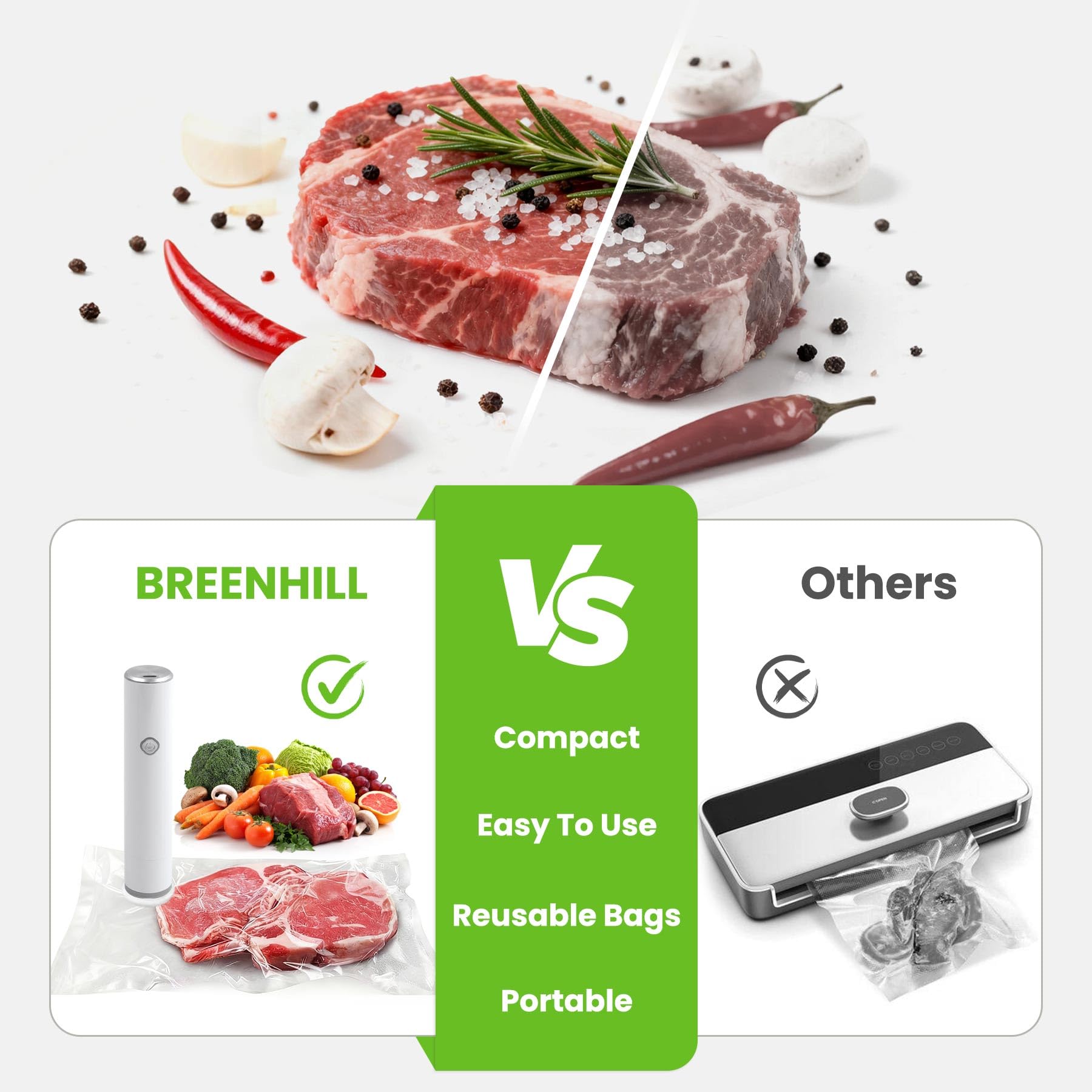 Sellador al vacío para alimentos, máquina de sellado al vacío de mano con 5 bolsas de vacío reutilizables para cocina, nevera, ahorro de comidas portátil, extiende la frescura