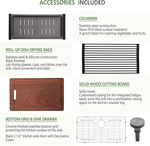 Miniatura 5 de Fregadero de cocina con estación de trabajo de 33 x 22 pulgadas, calibre 16 profundo, acero inoxidable negro con accesorios para remodelación de