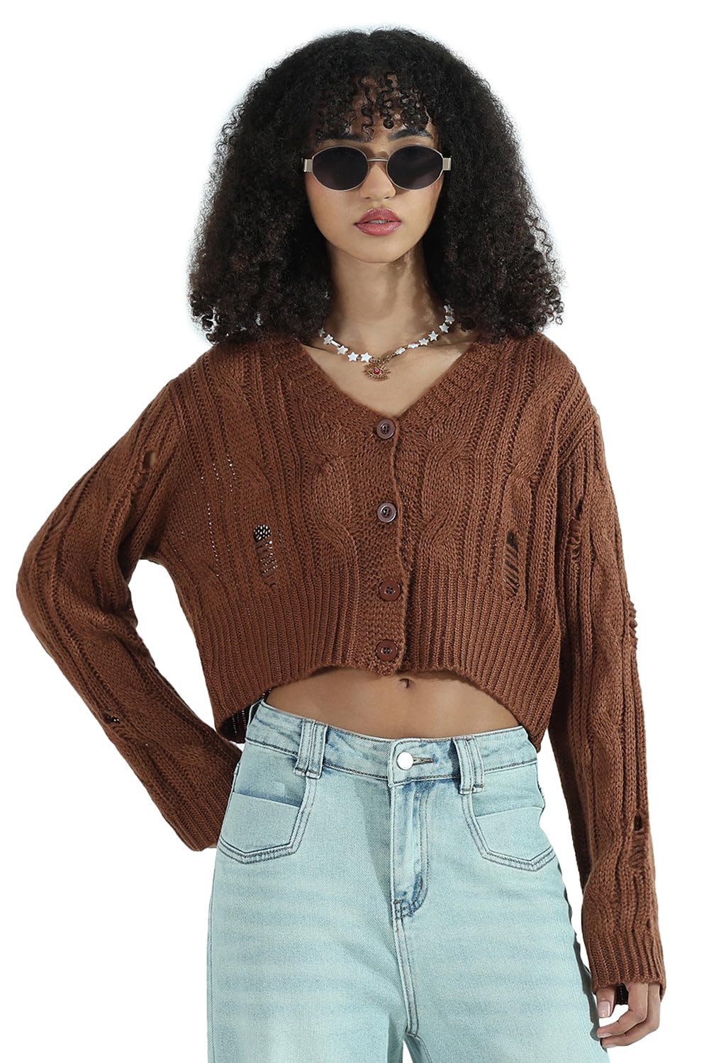 Edition Women's Distressed Brown Cropped Sweater Top-CHN-692_Brown-P-image-47
