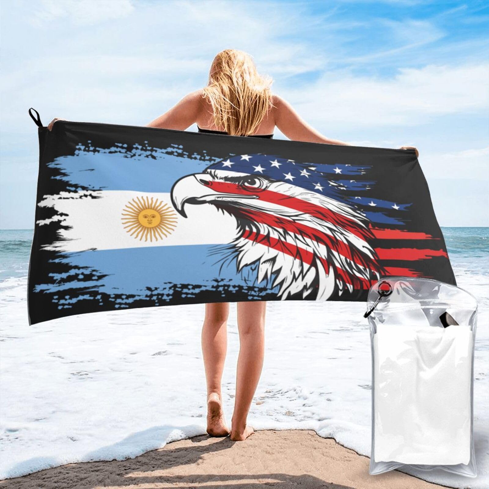 HACXZ America Flag and Argentina Flag Microfiber Beach Towel Lightweight Absorbent Travel Pool for Men Women 31.5"X63"