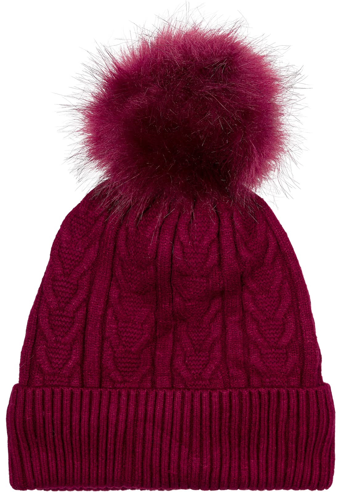styleBREAKER Women's fine Knit pom pom Beanie with Cable Pattern, Faux Fur pom Beanie, Lined Winter Knit Beanie 04024100, Colour:Claret-Red