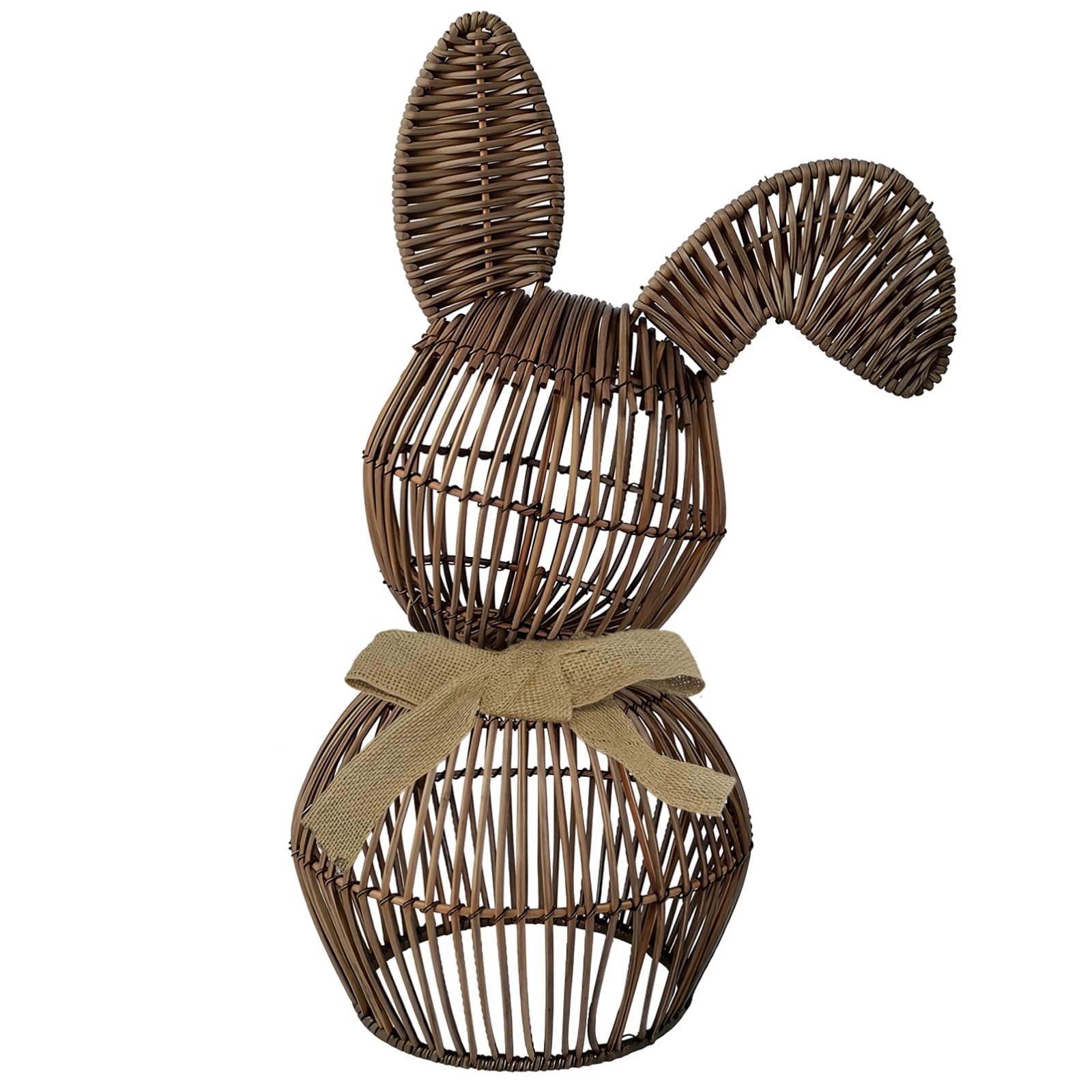 PONDON Cestino pasquale a forma di coniglietto, fatto a mano, in rattan, marrone, 15 x 30 cm, con fiocco in tessuto, temi pasquali, decorazione per la casa
