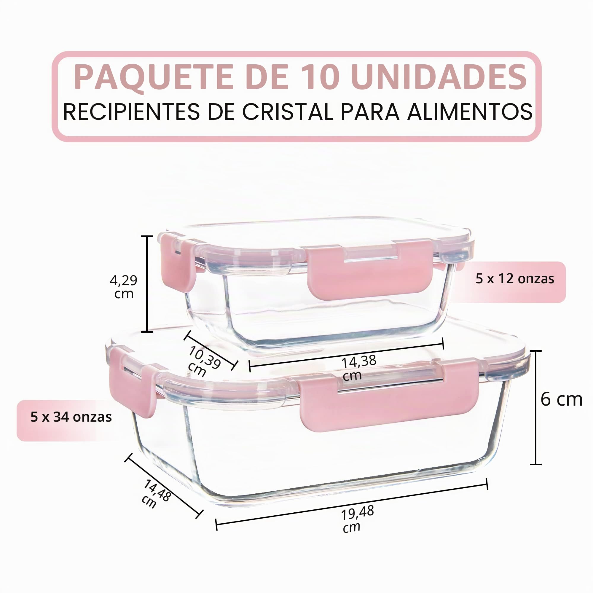 Paquete de 10 recipientes de almacenamiento de alimentos de cristal, herméticos con tapa, recipiente de cristal para el almuerzo, apto para microondas y lavavajillas, color rosa