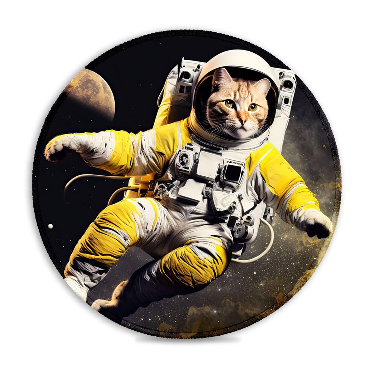 LJSPTU Alfombrilla de ratón redonda para juegos, diseño de gato astronauta en el espacio, 30 x 30 cm, bordes cosidos, superficie de licra, base de goma antideslizante para velocidad y control
