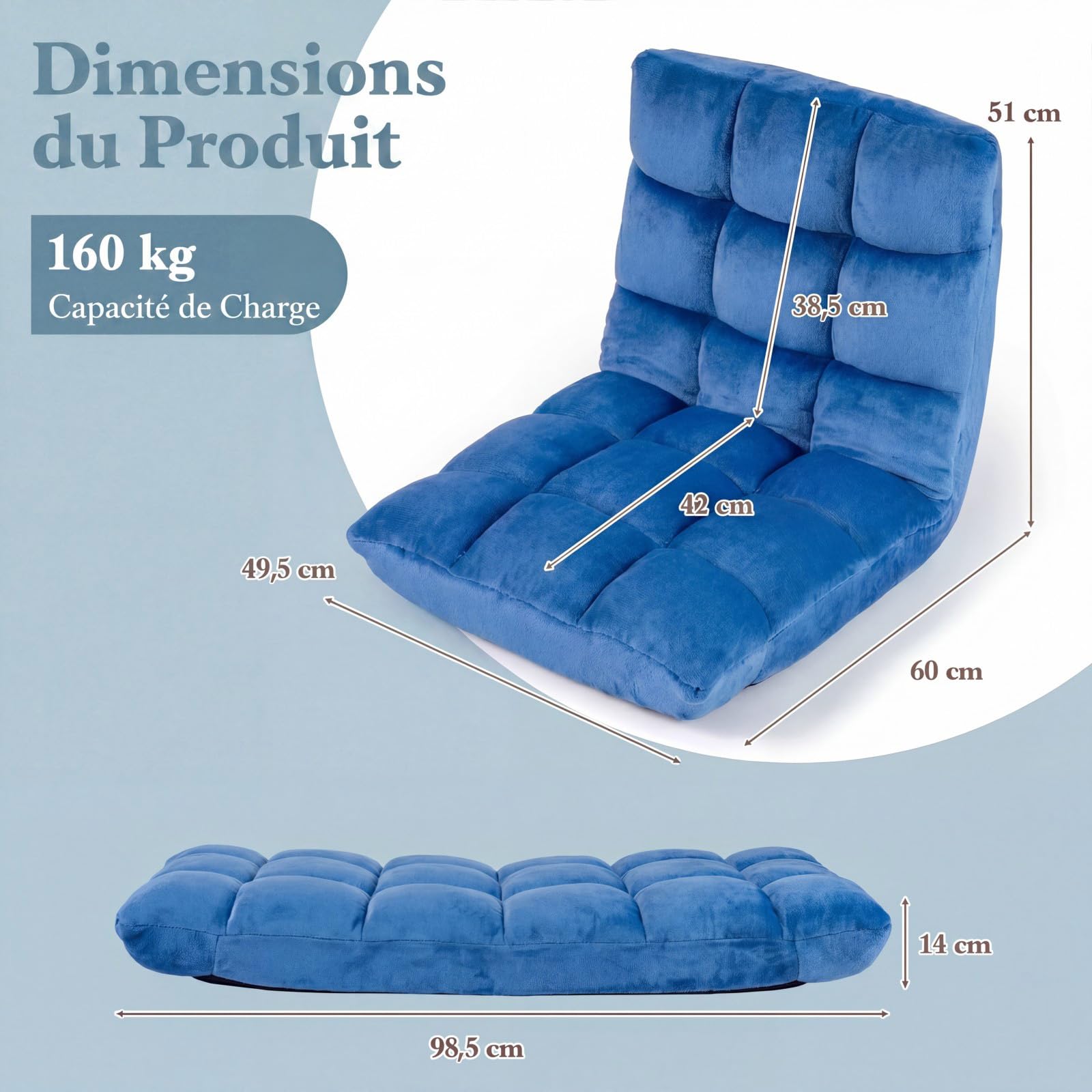 COSTWAY Canapé Paresseux Chaise de Sol, Fauteuil Convertible en Flanelle Dossier Réglable 14 Positions, Chaise de Méditation/Jeux Vidéo, pour Coin Lecture, Salon, Enfant/Adulte, Bleu