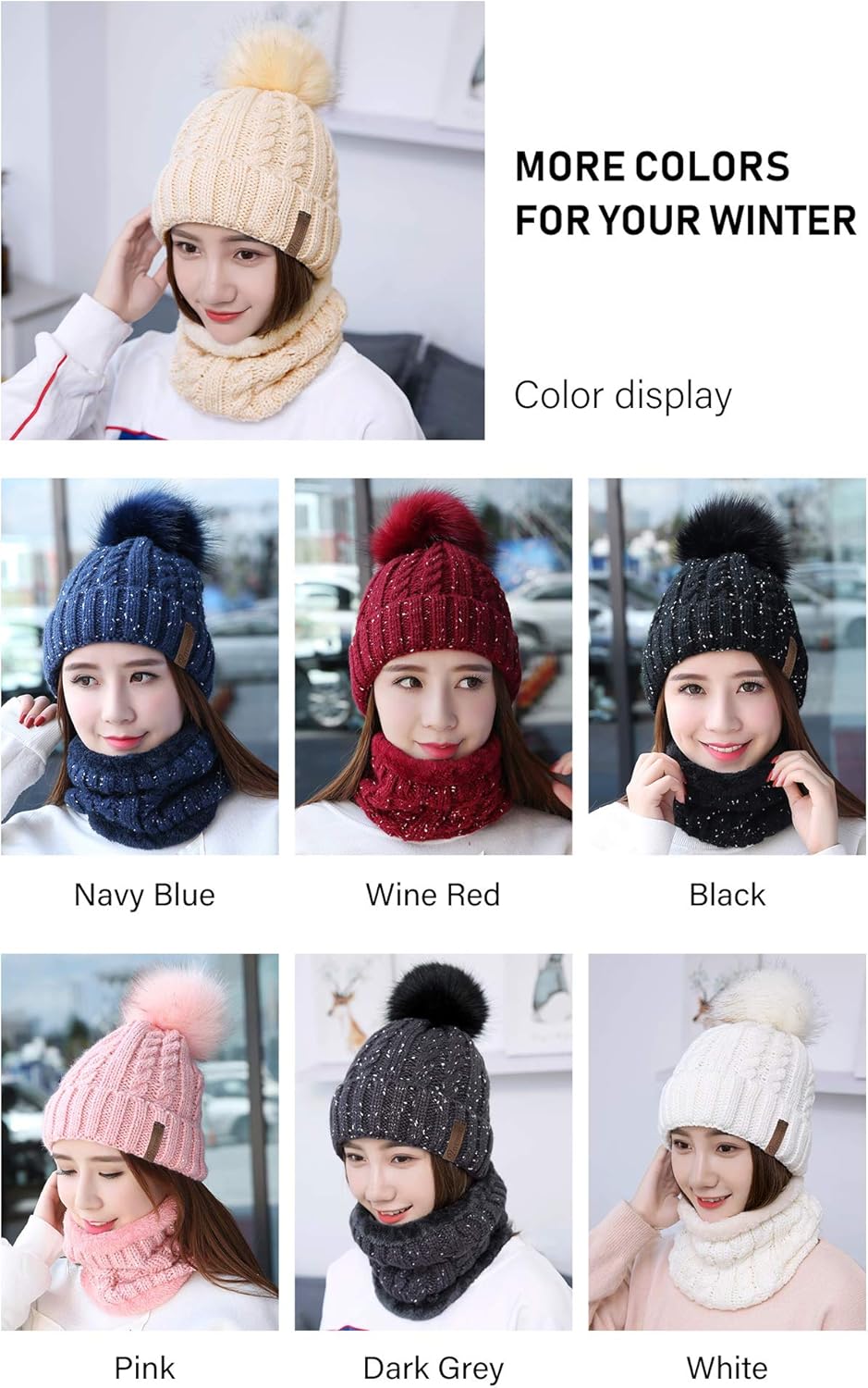 IYEBRAO Womens Winter Knit Beanie Hat and Scarf Set Girls Cute Slouchy Thick Fleece Lined Ski Hat Warm Skull Cap with Pom - Image 7