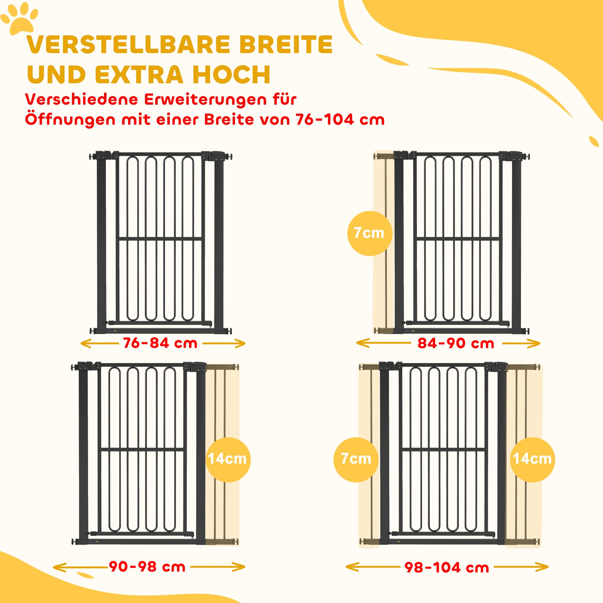 PawHut Barrera de Seguridad para escaleras Barrera de Seguridad para Puertas Barrera de Seguridad sin taladrar 76-104 cm Barrera de Seguridad de Acero para Perros, Mascotas escaleras, Puertas, Negro