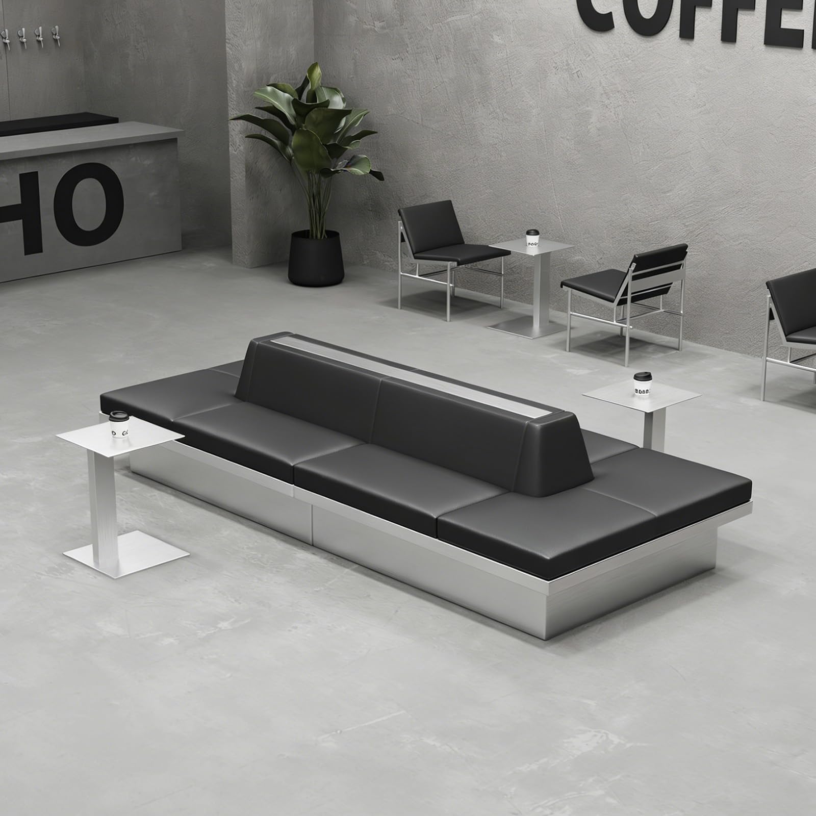 Sofá industrial de doble cara de acero inoxidable, moderno banco de piel sintética y mesa de metal para cafetería, recepción u oficina sala de espera