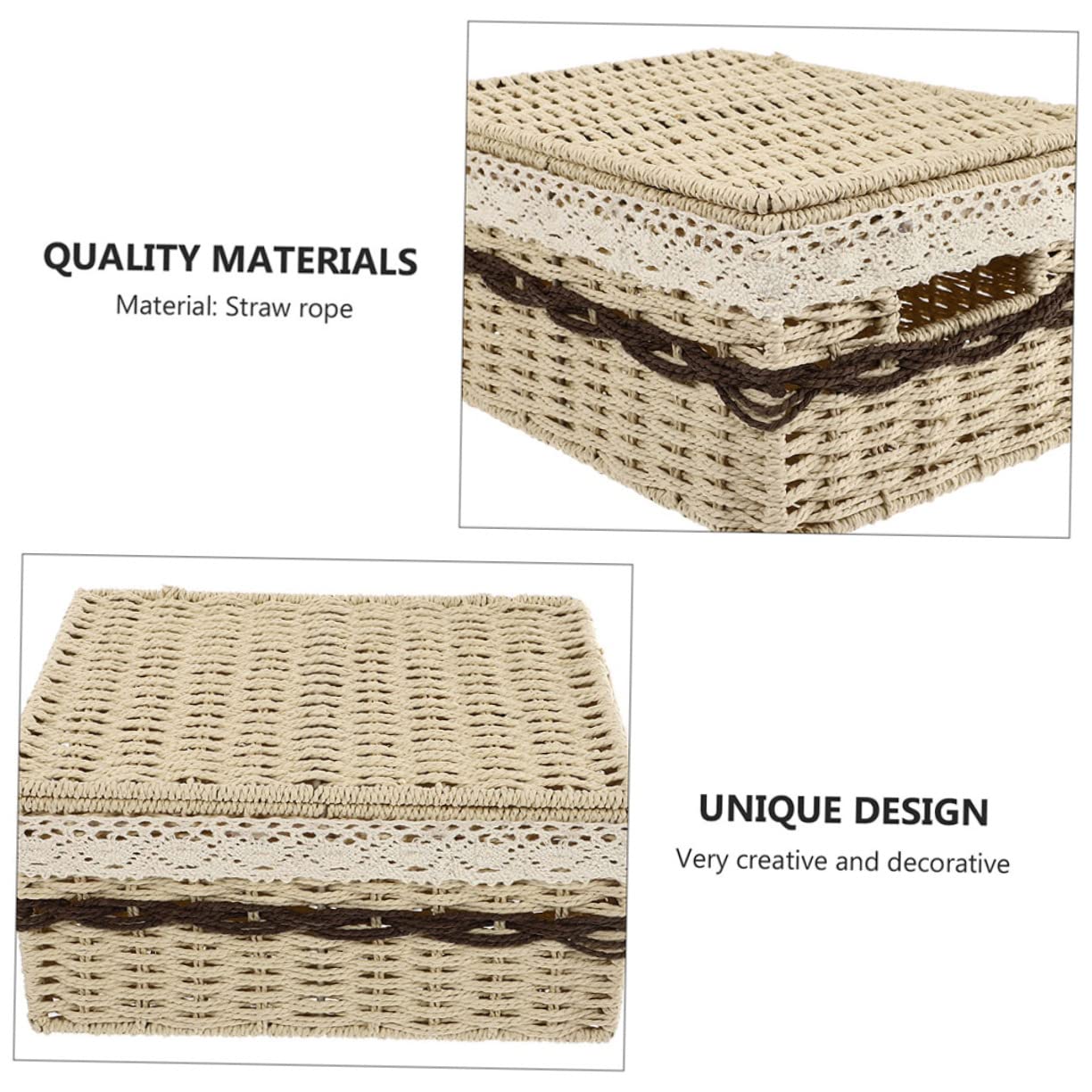 Cestino Rettangolare Intrecciato Portaoggetti Per Cosmetici Coperchio Grande Beige, Organizzatore Da Scrivania Per Oggetti e Decorazioni Casa, Per Soggiorno e Ufficio