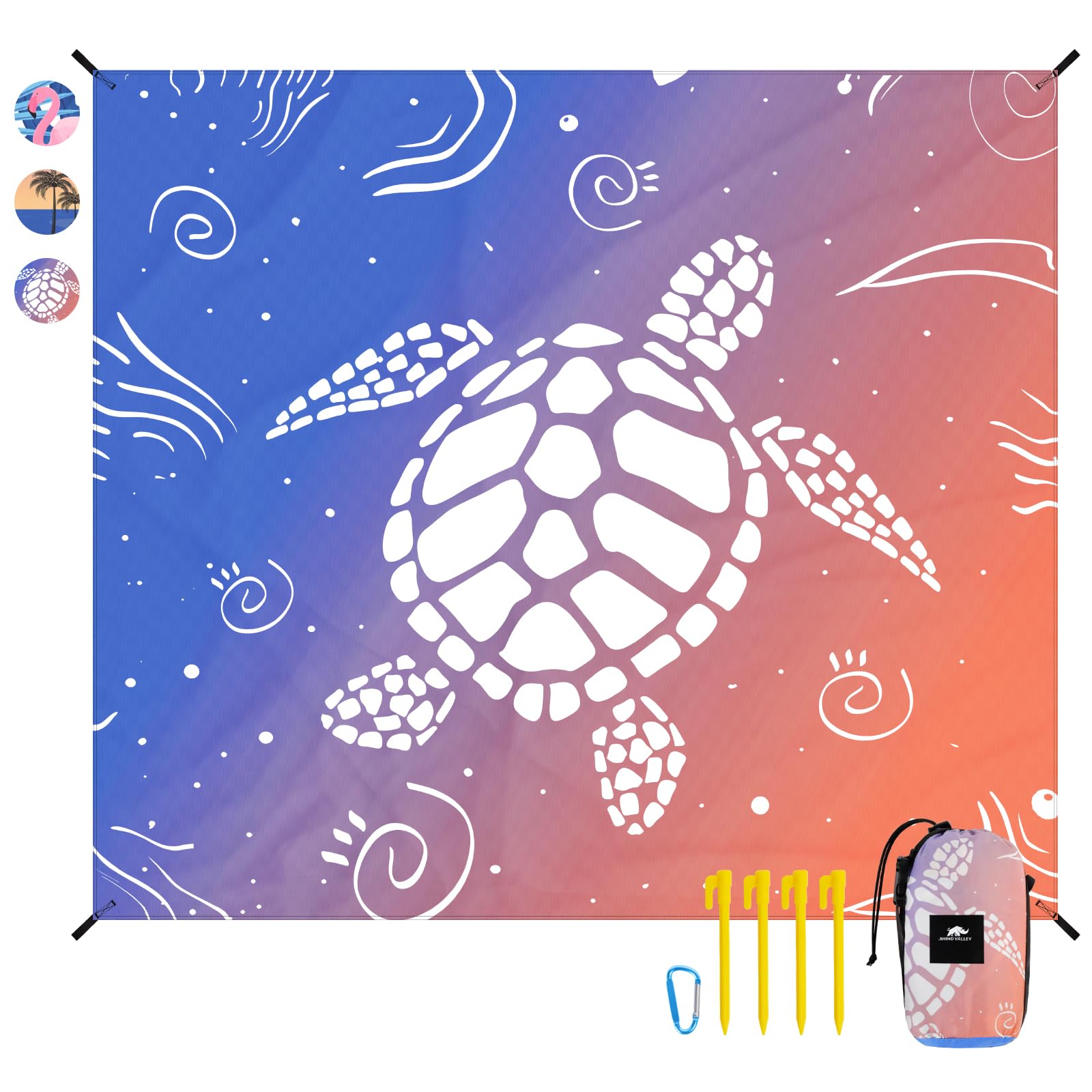Rhino Valley Beach Blanket 84'' X 96'' for 4-8 Adults, Sandproof Beach Mat with Carrying Bag & 4 Stable Stakes, Quick Drying Outdoor Picnic Mat for