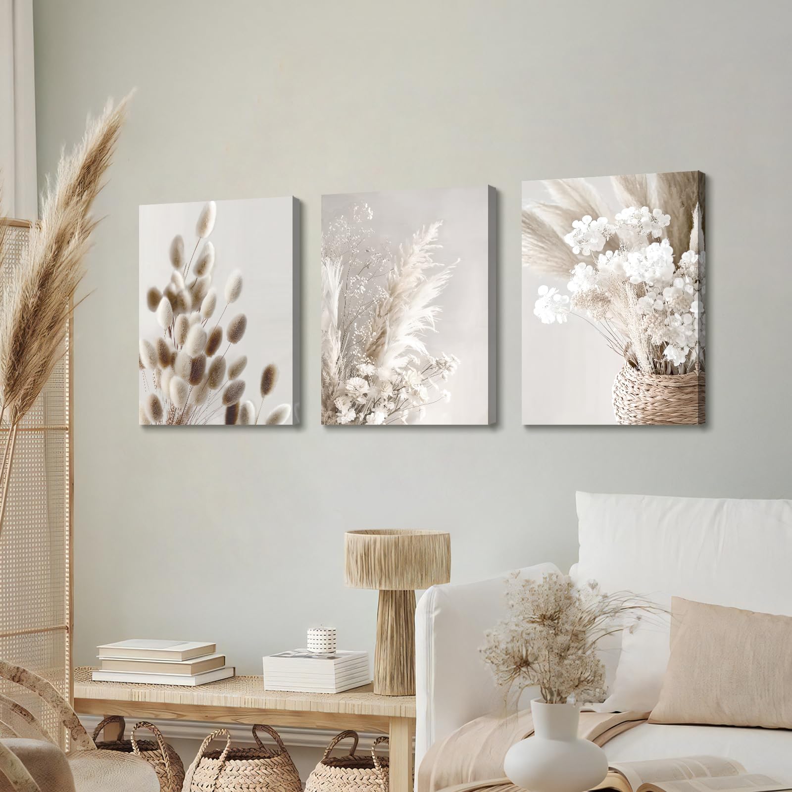 WENGTIAO Set of 3 Beige Reed Floral Canvas Wall Art Prints Framed Pictures Modern Aesthetic Boho Minimalist Beige Flowers Painting on Canvas for Living Room Bedroom Home Wall Decor 40x60cmx3 - Image 4