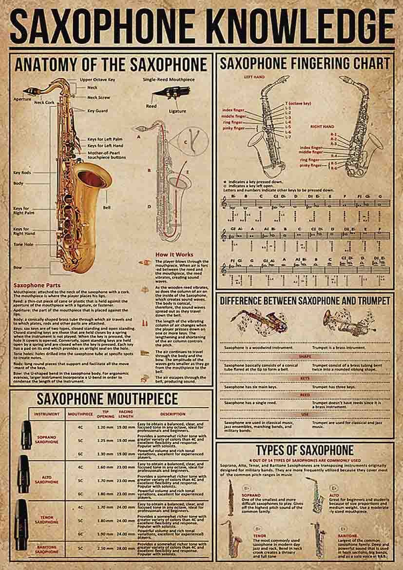 ARA STEP Vintage Knowledge Posters Musical Instruments Wall Decor Prints UNFRAMED. (297 x 420 mm / 11.7 x 16.5 inches, Saxophone Knowledge)