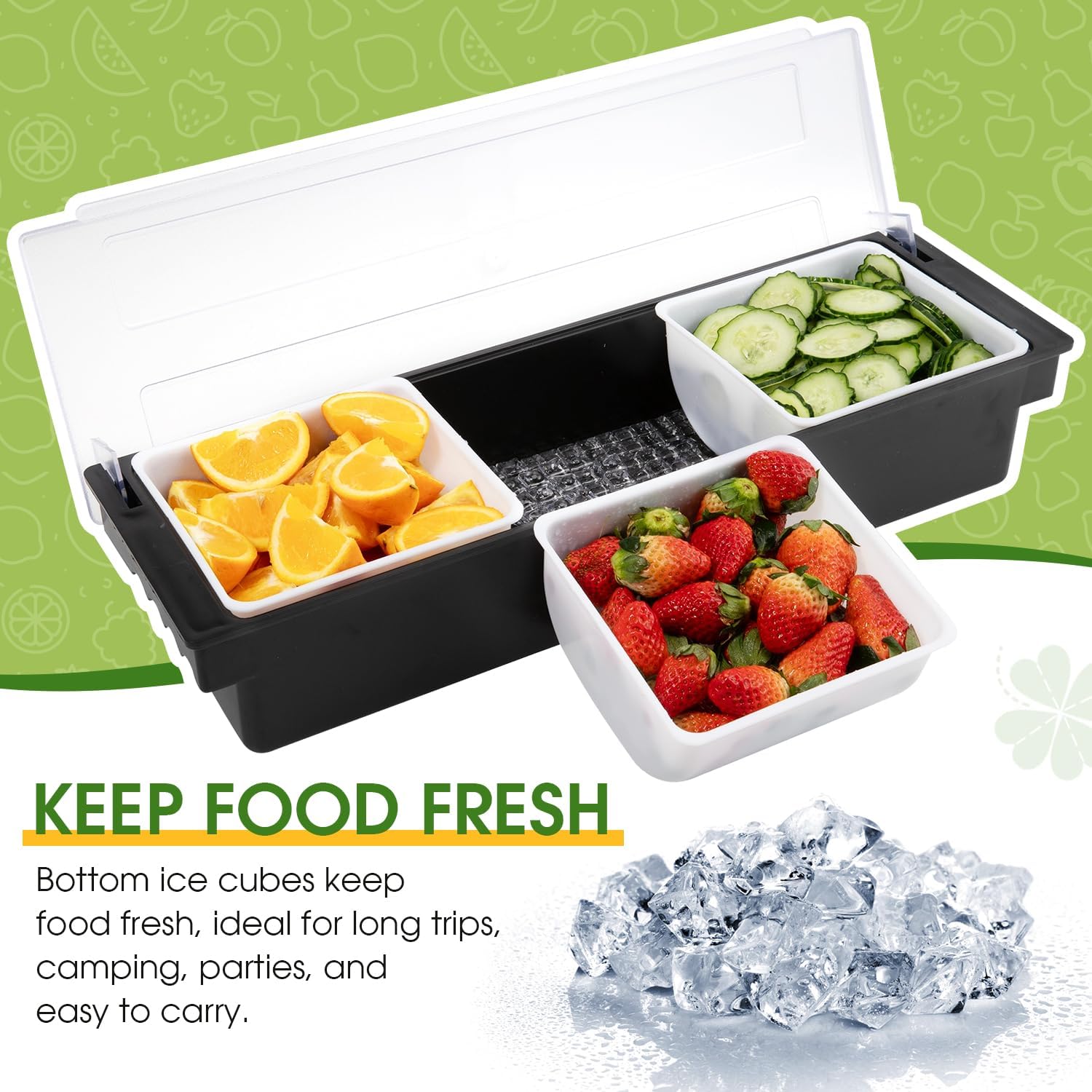 Ice Cooled Condiment Serving Container Fruit Veggie Condiment Caddy Plastic Garnish Station with Lid for Fruit,Ice Cream,Salad Bar-Topping Organizer for Restaurant Supplies (3 Compartments) - Image 2