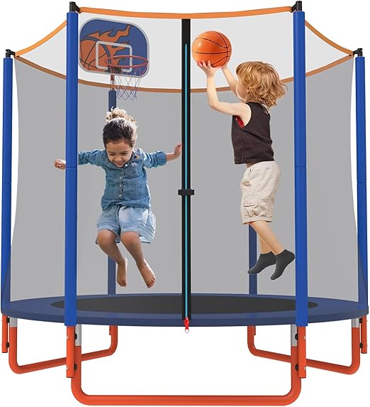 66'' Mini Trampoline for Kids with Enclosure & Basketball Hoop, 5.5FT No-Gap Toddler Trampoline for Indoor & Outdoor Use, 600LBS Capacity, Ideal Gift for Boys & Girls