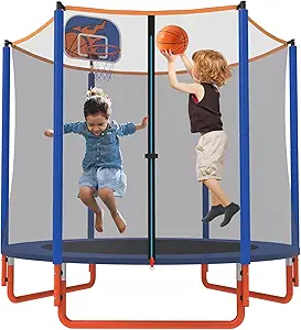 66'' Mini Trampoline for Kids with Enclosure & Basketball Hoop, 5.5FT No-Gap Toddler Trampoline for Indoor & Outdoor Use, 600LBS Capacity, Ideal Gift for Boys & Girls