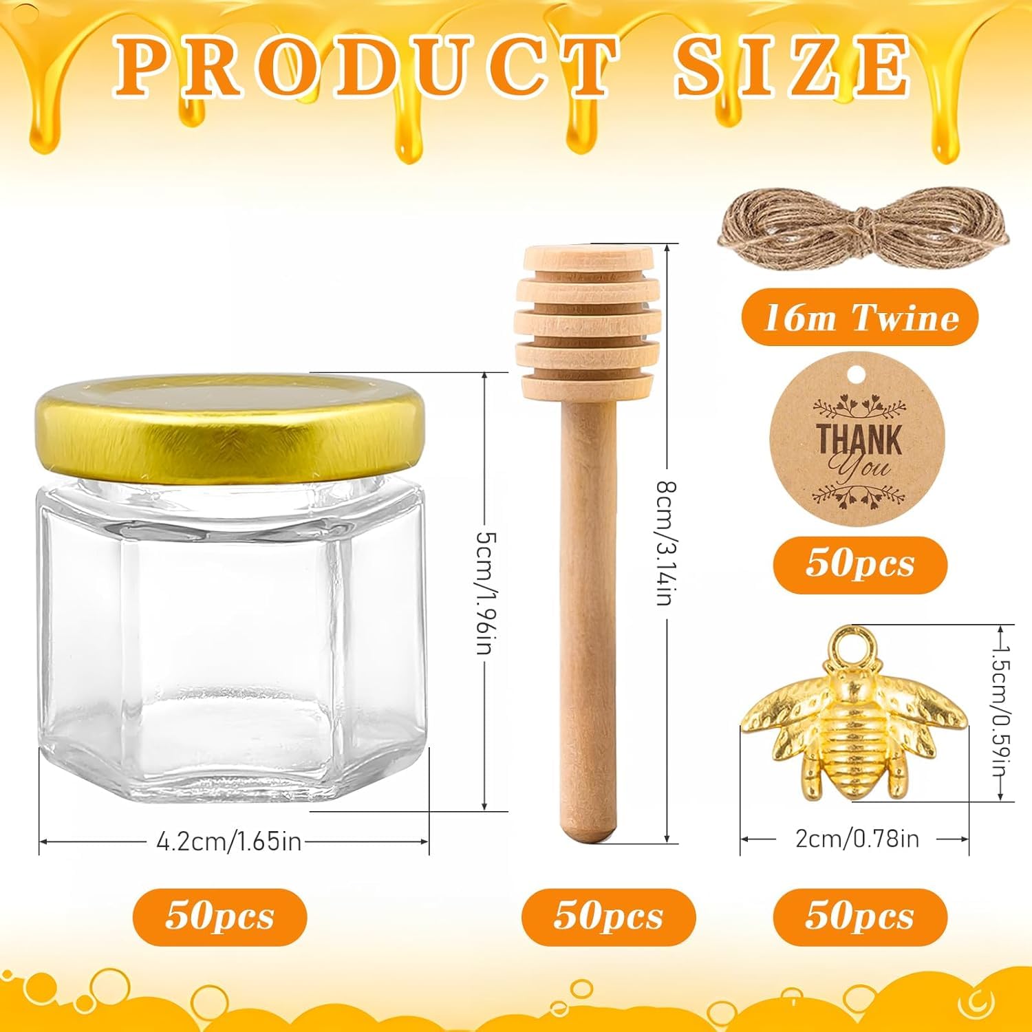 50 Stück Kleine Honiggläser 45ml, Mini Leer Marmeladengläser mit Deckel Honigglas mit Honiglöffel, Bienen Anhänger, Dankeskarten, Jutes Ideal as Gastgeschenke für Hochzeit Babyshower