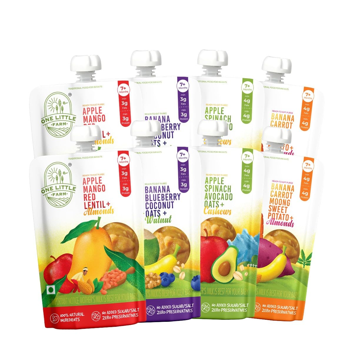 Baby Food Puree Pouch | 7+ Months | Veggie Lovers Combo Pack of 8 | 100% Natural, No Preservatives, No Sugar | 3g Protein, 3g Healthy Fats | Ready-to-Eat | Pack of 8, 100g Each