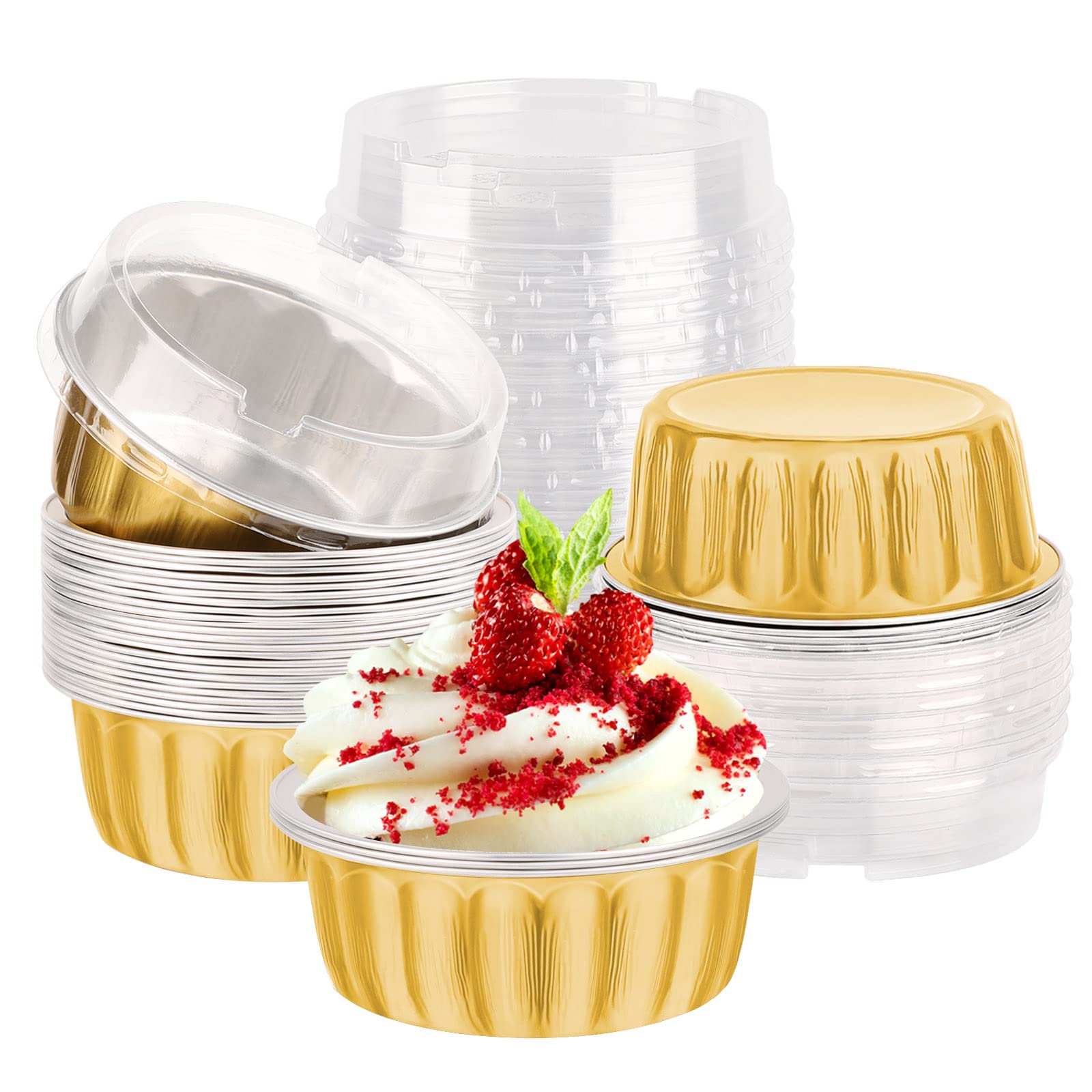 EUSOAR Cupcake Liners for Baking, Gold 30 Pack 8oz Disposable Aluminium Creme Brulee Ramekins Cupcake Liners, Foil Desert Cake Pans Flan Molds Tin