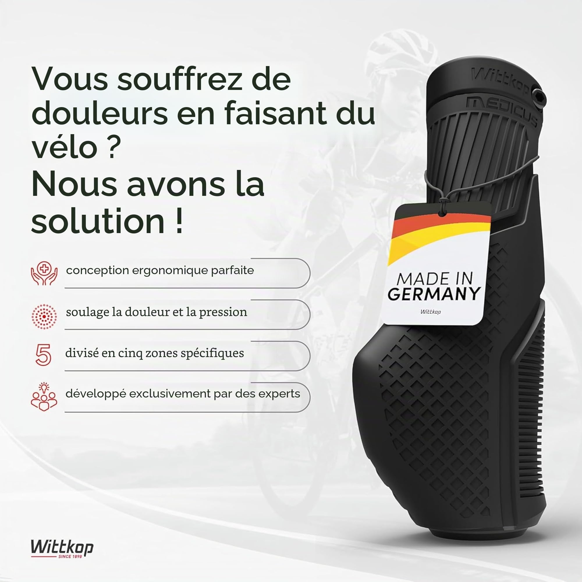Wittkop Poignées de vélo au Design multizone innovant, fabriquées en Allemagne I Design Ergonomique avec Effet antidérapant, Zones Confort et EFC incluses pour Une adhérence optimisée