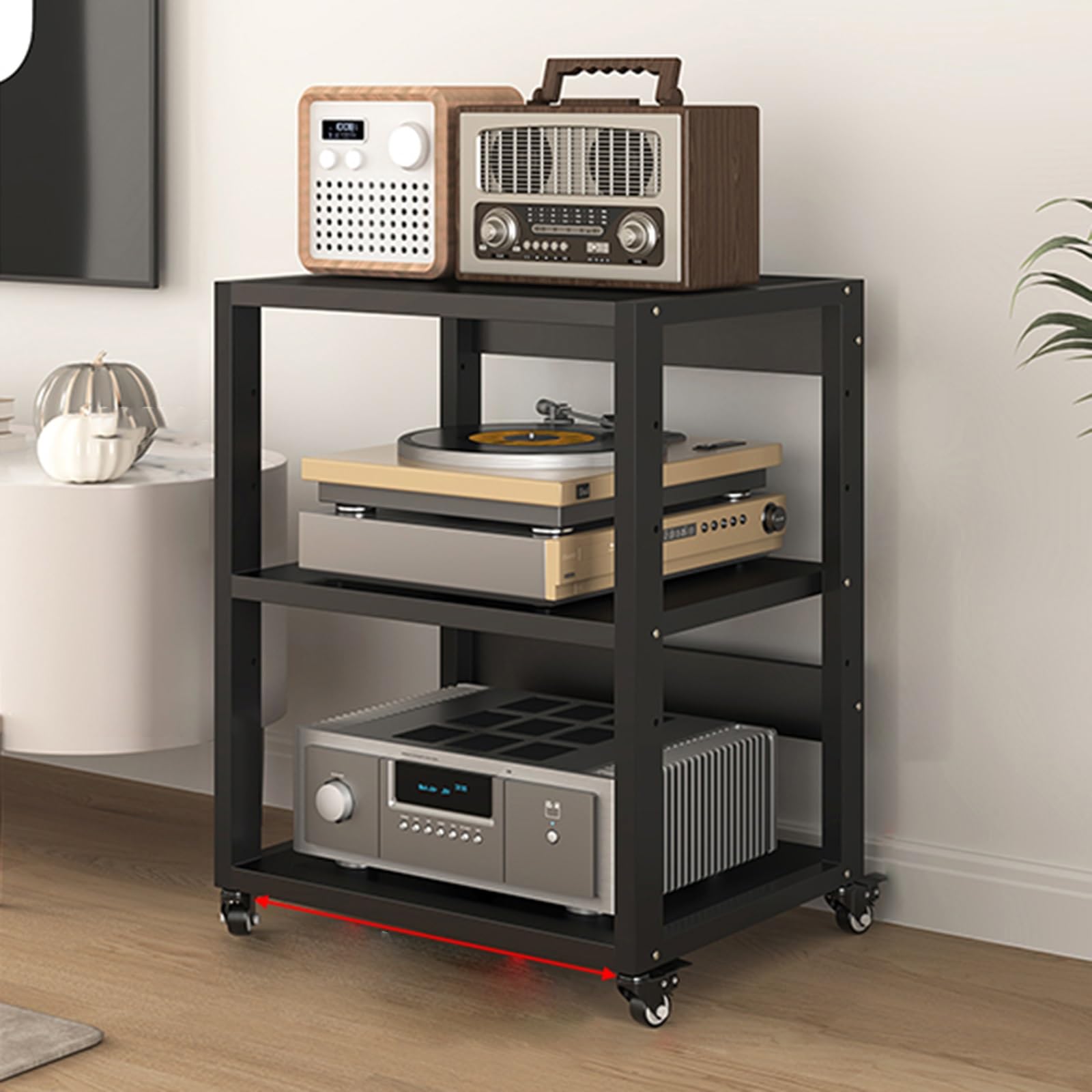 Generico Mobiletto Stereo Moderno con Ruote, mobiletto Porta Dischi in Vinile a 5 Ripiani, Supporto per Supporti Audio-Video, mobiletto Porta TV angolare, ripiano per Router e Dvd.