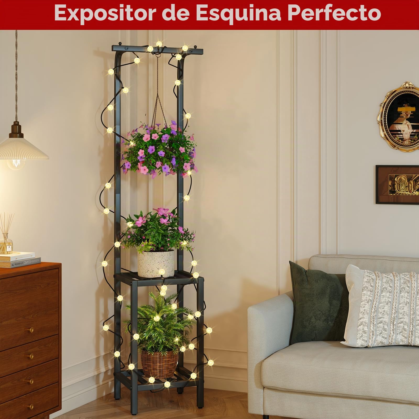 IBUYKE 170cm de Alto Soporte para Plantas para Interior, 3 Niveles de Metal Colgante Estante para Flores, Estantería para Plantas Soporte para Flores para Salón Balcón Jardín, Negro TMJ076B