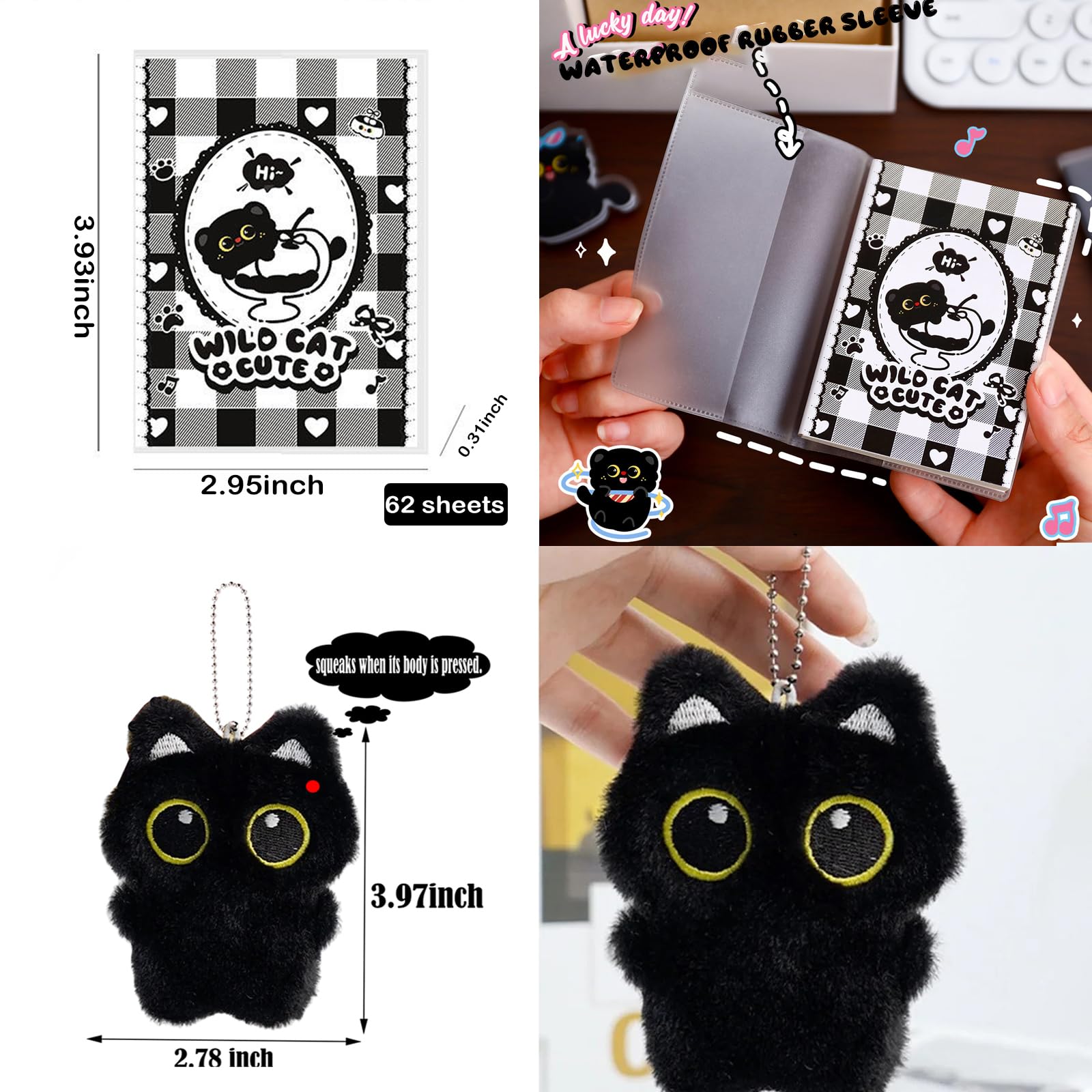 Grazioso astuccio con gatto nero con 12 scomparti. Il set regalo include astuccio nero, penna a sfera, portachiavi in peluche, adesivi, clip, quaderno, segnalibro e note adesive.
