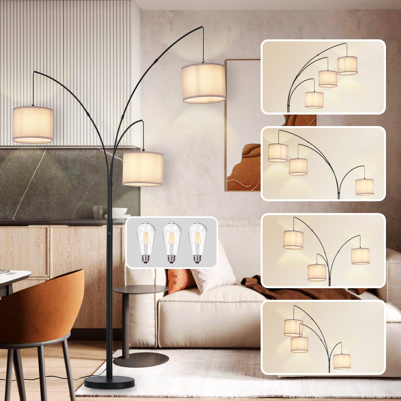DLLT Modern Floor Lamp for Room: 3-Light Black Tree Floor Lamps with Grey Shades for Bedroom - Arc Standing Lamp for Living Room - Tall Floor Lamp for Office Corner 3 LED Bulbs Included