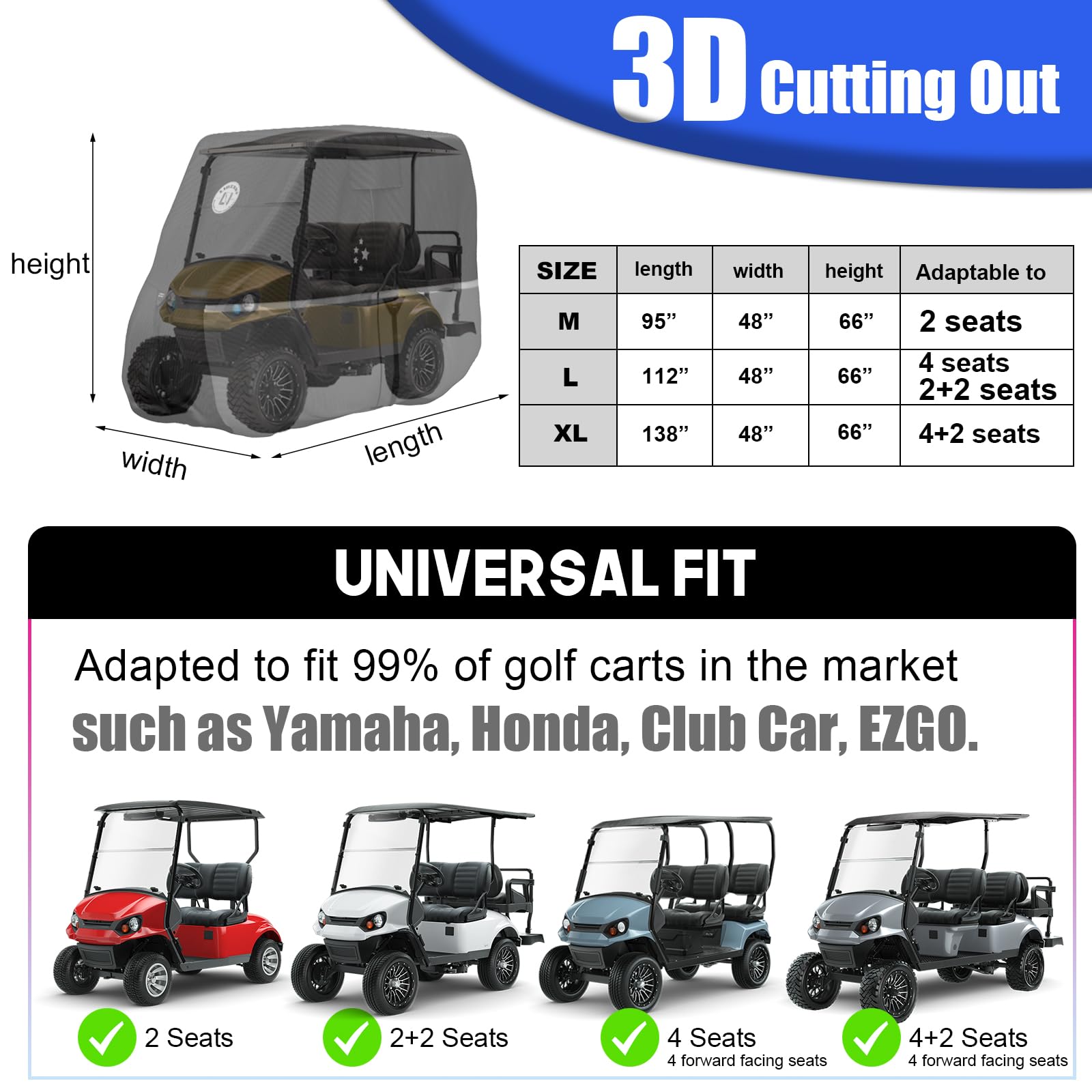 4 Beifahrer-Golfwagen-Abdeckung, passend für EZGO, Clubauto, Yamaha, 420D wasserdicht, Winddicht, sonnenfest, für den Außenbereich, Allwetter-Vollabdeckung, Schwarz