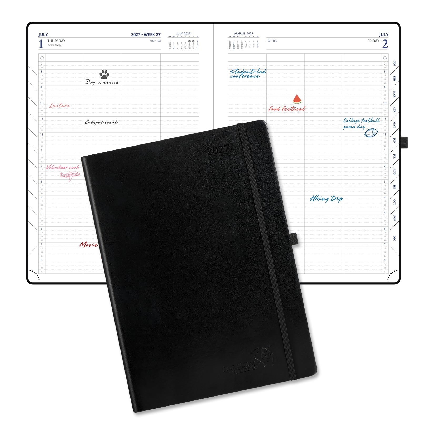POPRUN Agenda journalier 2027 journalier 2027 par page A4 avec couverture rigide flexible, 1 jour par page, même le week-end, rendez-vous avec intervalle de 30 minutes, poche intérieure (noir)