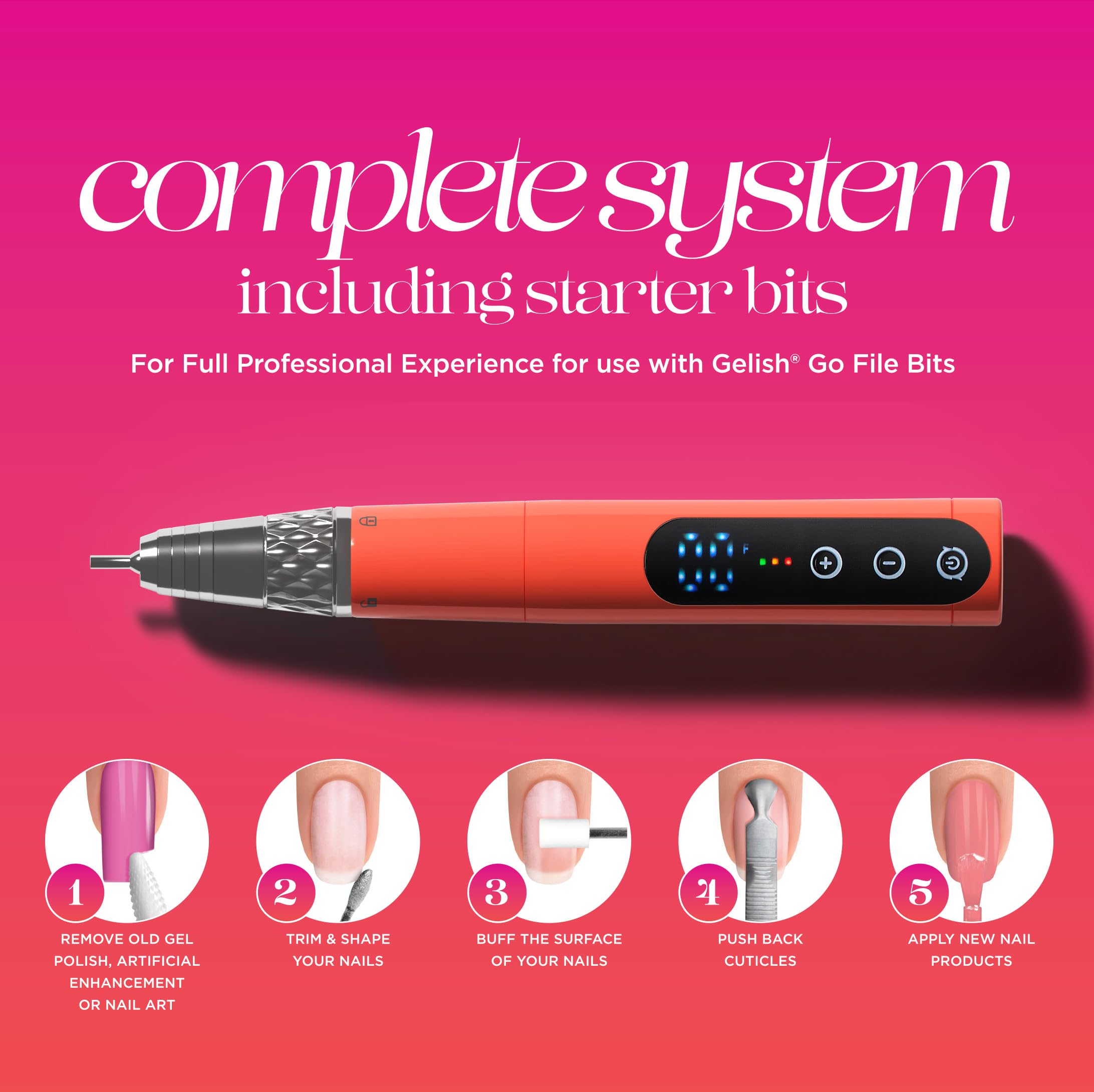 Gelish Go File - Lima per unghie elettrica ibrida wireless, 35.000 giri/min, professionale, senza fili, con dock di ricarica magnetica, senza controller, silenziosa, a basse vibrazioni per Mani e Pedi