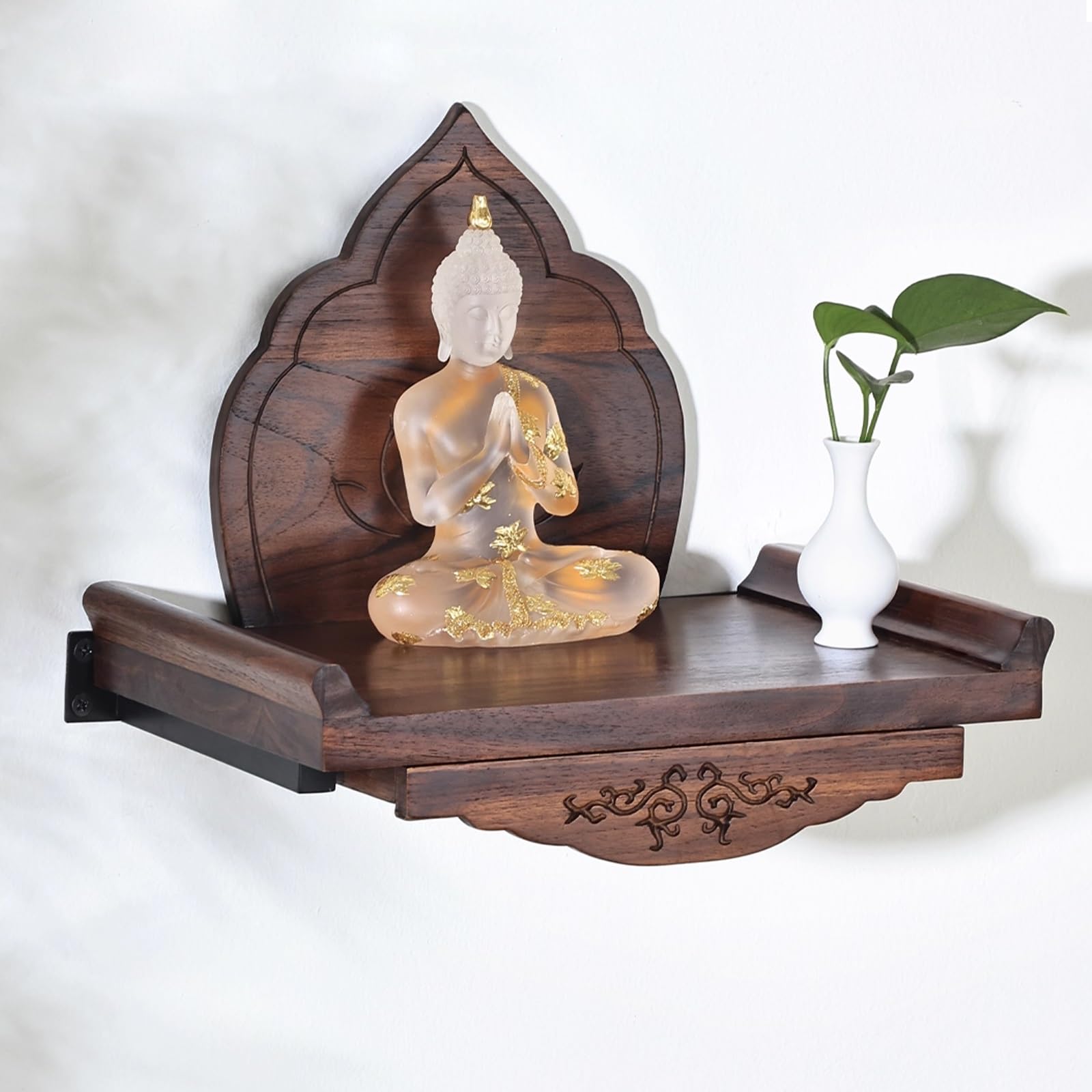 Tavolo da altare Buddha, mensola da parete con schienale, tavoli Puja con cassetto, stile moderno, per camera da letto, soggiorno, ufficio