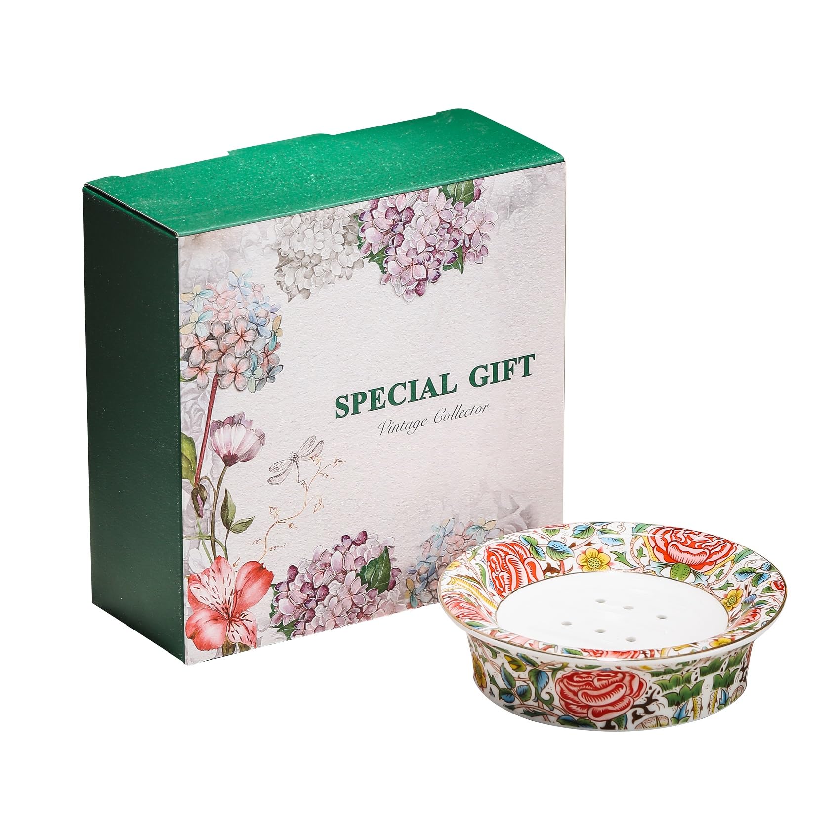 ACMLIFE Bathroom Soap Dishes for Bar Soap, Ceramic Soap Dish for Bathroom Sink, Decorative Floral Soap Dish with Drain Holes, Gift Box