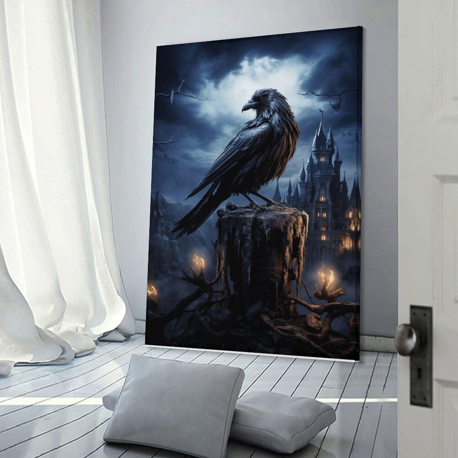 Junmoney Frame-Style-3 Dark Fantasy Raven Castle Art Print Room Decor Wall Art 20X30inch(50X75cm), For Entrance Walls, Hall Decor Or Foyers, A Neat Decor Update For Hallways