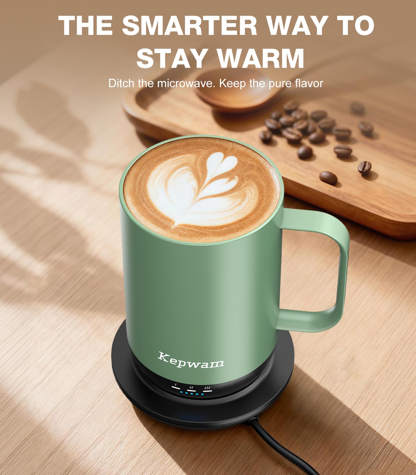 Kepwam Taza de café con calefacción T1-16 onzas, calentamiento rápido y mayor duración de la batería, taza de café autocalentable hasta 65.0 °C, botón físico y control por aplicación, taza calentadora