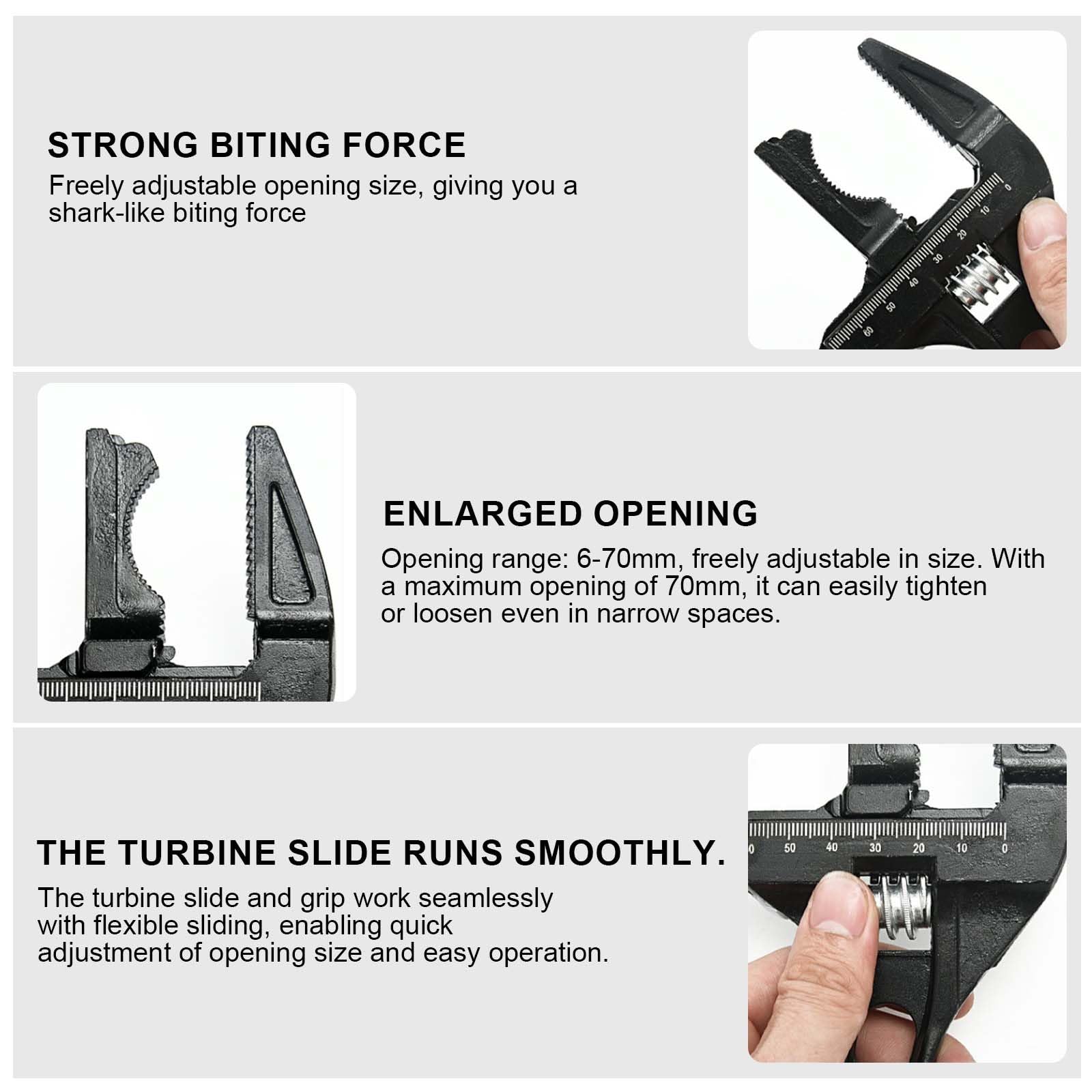 ShiningUU Wide Jaw Adjustable Spanner Alloy Home-use 6-68mm Opening Adjustable Handy Wrench, Black - Image 3