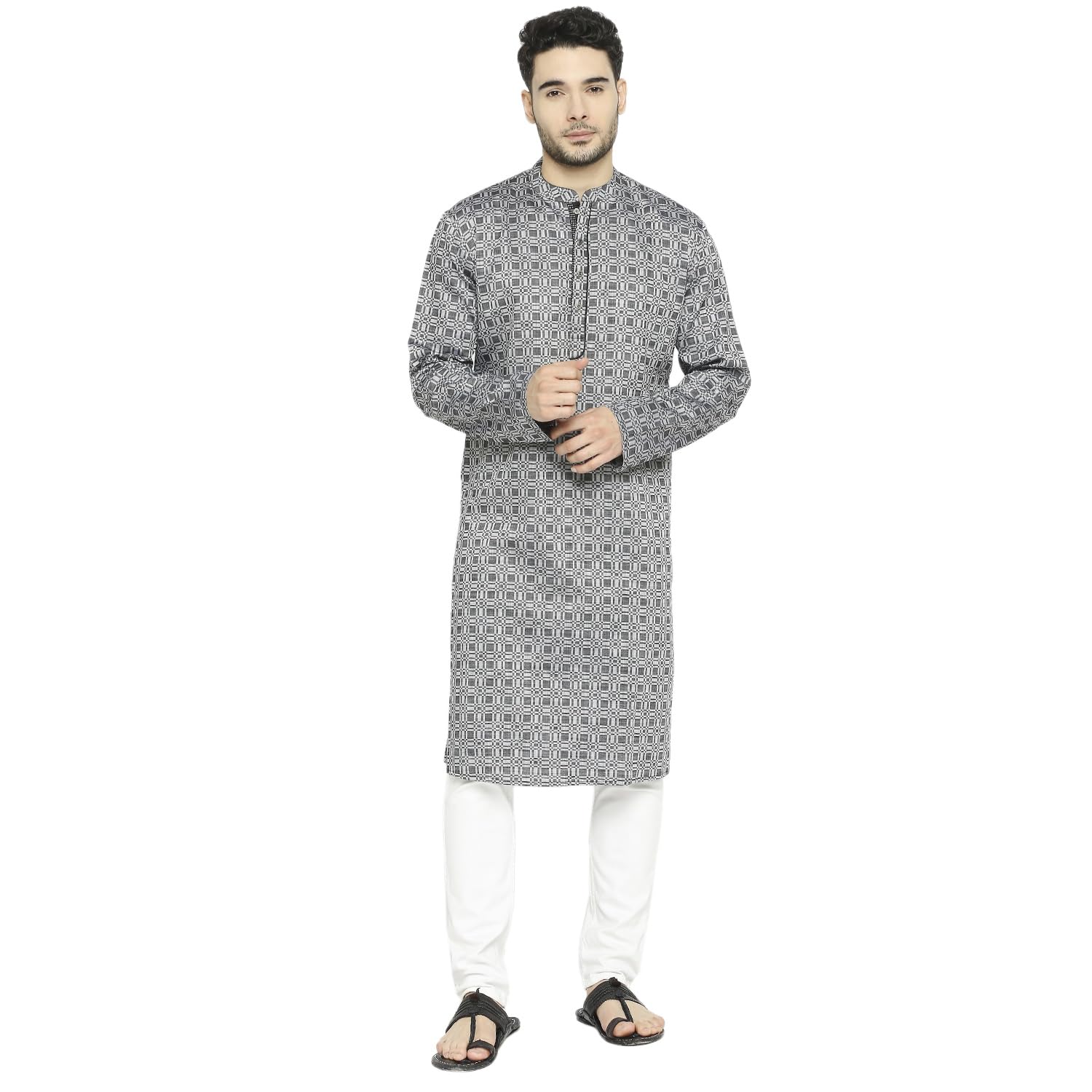 Men’s Grey Cotton Full Sleeve Checkered Long Kurta | Regular Fit with Mandarin Collar | Knee Length | Woven Design-image-44