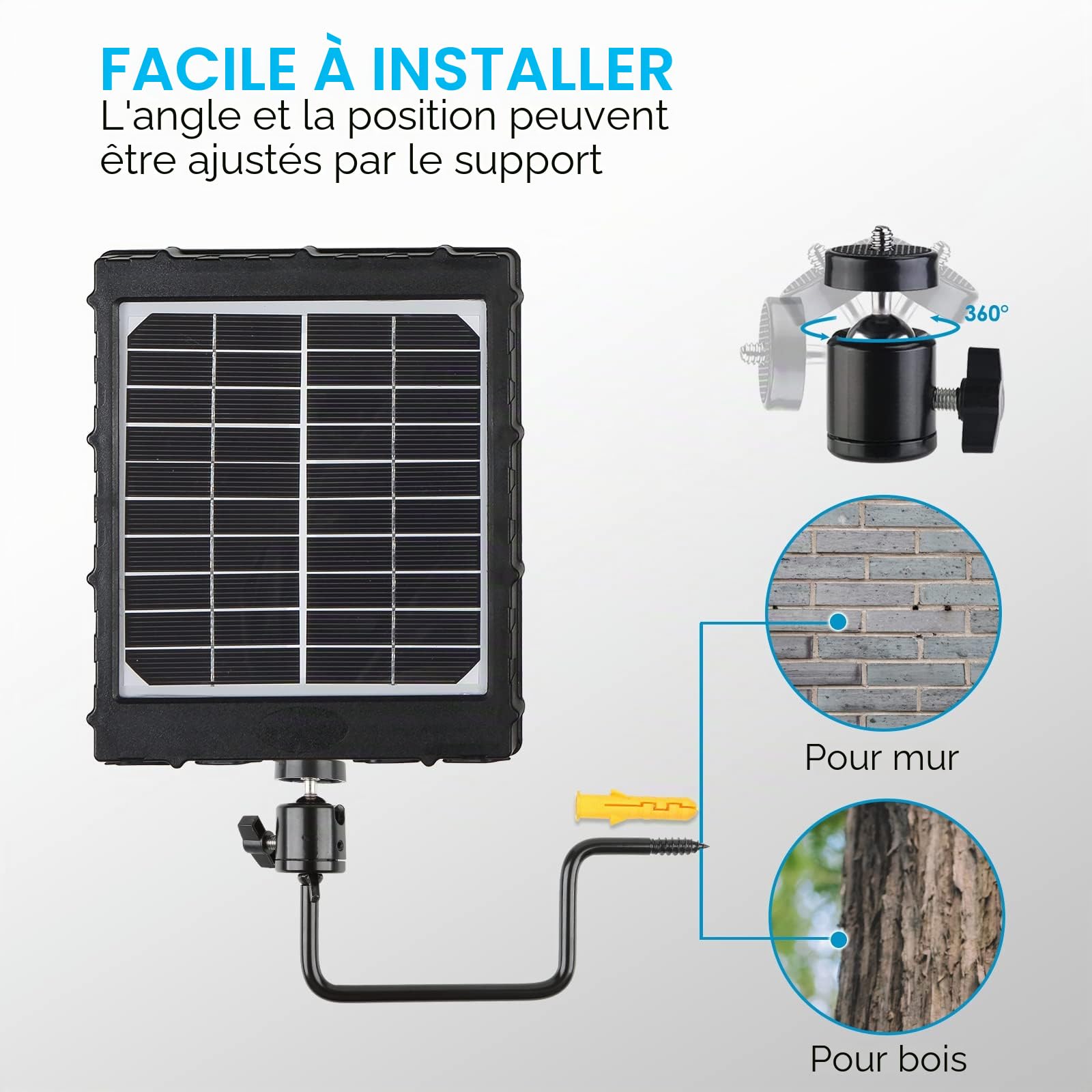 Capacité du Panneau Solaire Camera Exterieur 3W 8000mAh 12V/1.2A, 9V/1.6A, 6V/2.4A Sortie, 5V/2A Entrée, Étanche IP66 Alimentation Portable Rechargeable pour Caméras de Chasse en Extérieur