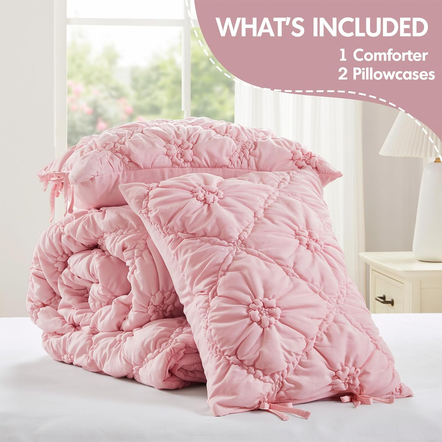 Intelligent Design Queen Comforter Set – Pink Lily Puffy Floral Shabby Chic Boho Bedding, Ultra-Soft, Lightweight & All-Season, Full/Queen