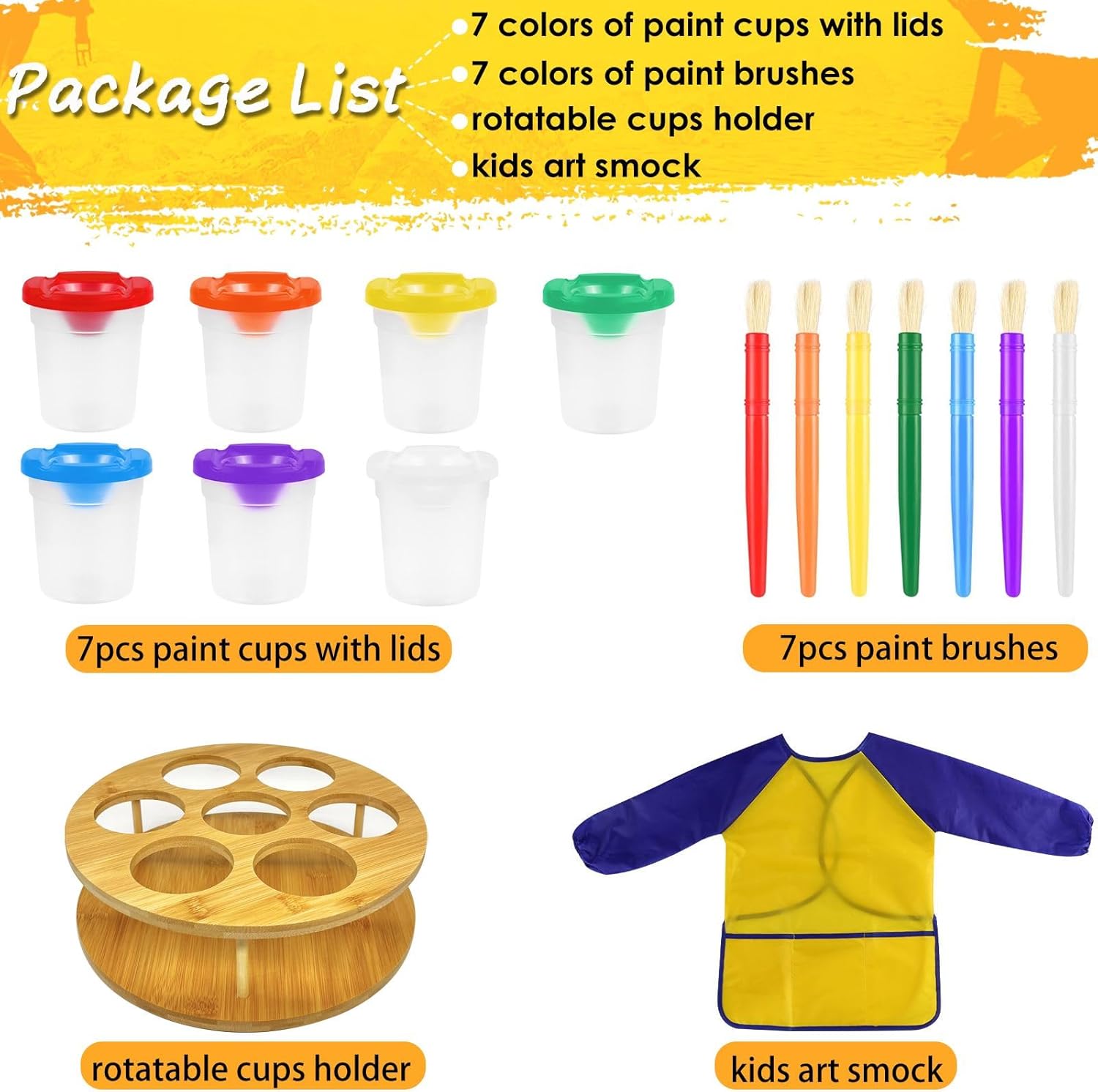 Paint Cups with Lids for Kids, 7pcs Spill Proof Painting Cups with Rotating Holder Toddler Paints Brushes No Spill Paint Cups with Kids Art Smock Paint Containers Art Supplies for Classrooms - Image 6