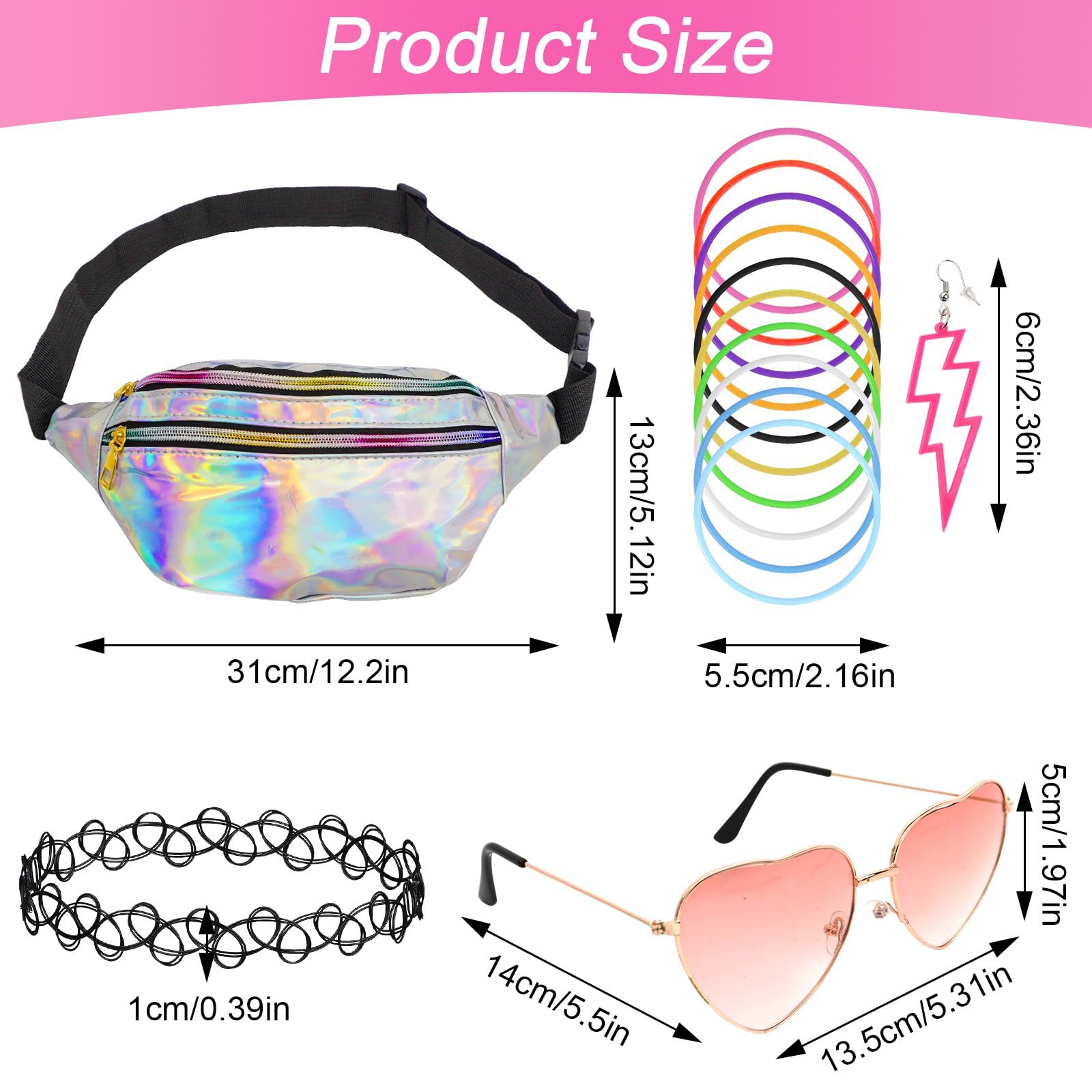ZWQLZG 80s Fancy Dress for Women, 90s Fancy Costumes Accessories Set Including Bumbags Choker Heart Glasses Bracelet Earrings, Festival Accessories 80s 90s, Dress Up Day - Image 2