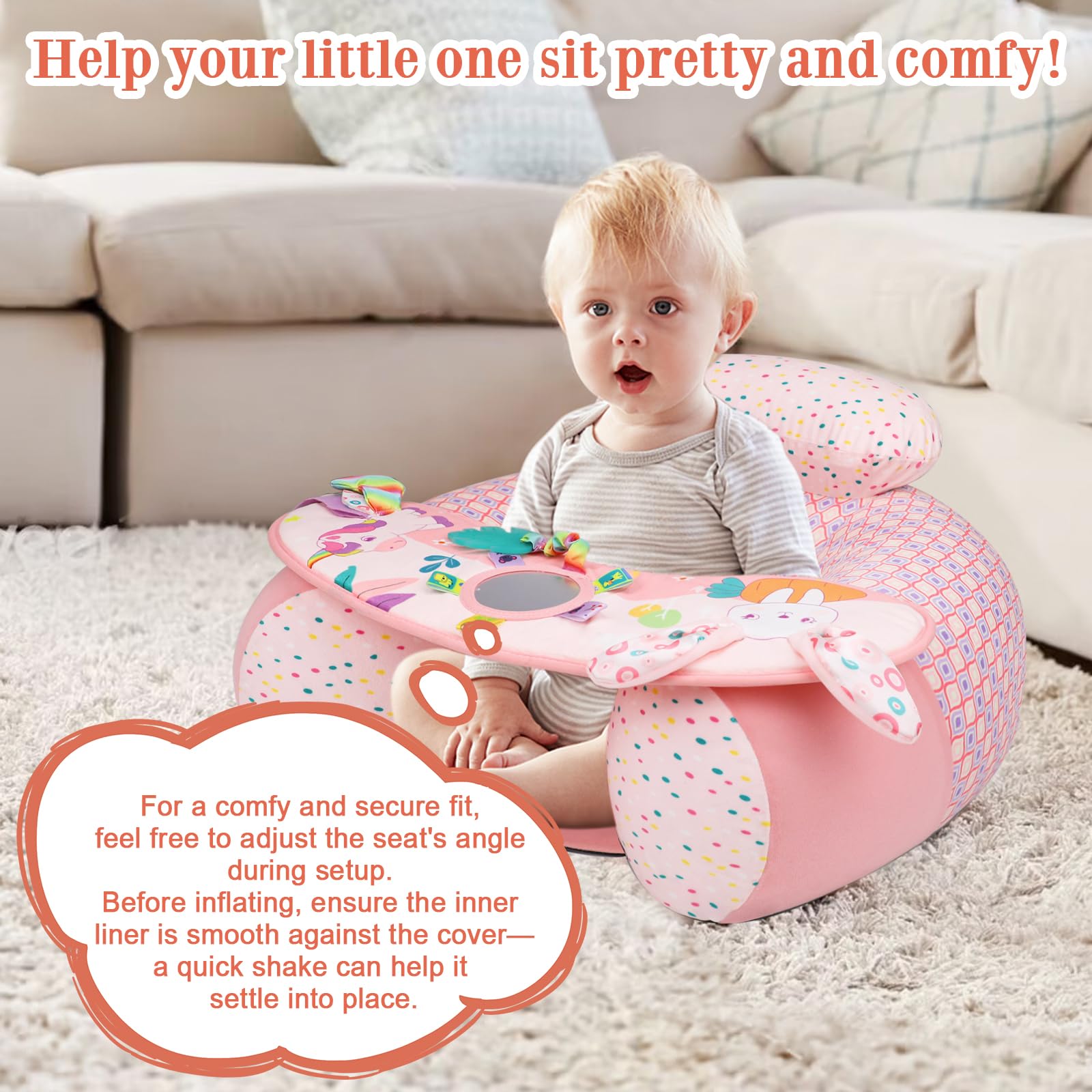 Aufblasbarer Sitz auf dem Boden für Babys von 3-36 Monaten, tragbarer Baby-Stuhl‚ Sit-Me-Up Babyschale abnehmbarer Aktivitäts- und Sinnesplatte, Babysitze zum Aufsitzen (Rosa Neu)
