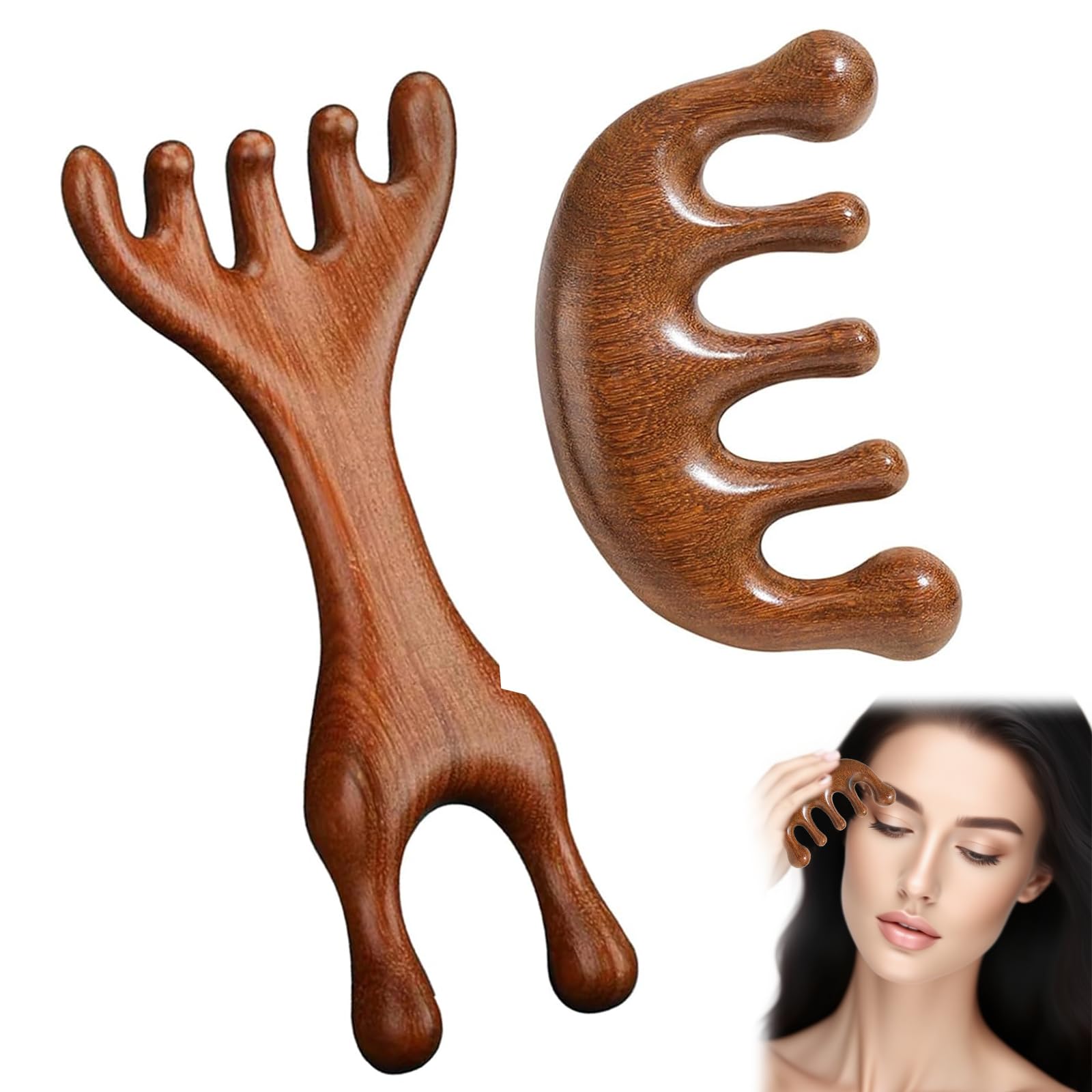 EnixwH 2 Piezas Masajeador Cuero Cabelludo, Masajeador Capilar Sándalo Natural Scalp Massager Madera, Peine Madera Antiestático, Cepillo Cuero Cabelludo Dientes Anchos para Cuello Cara