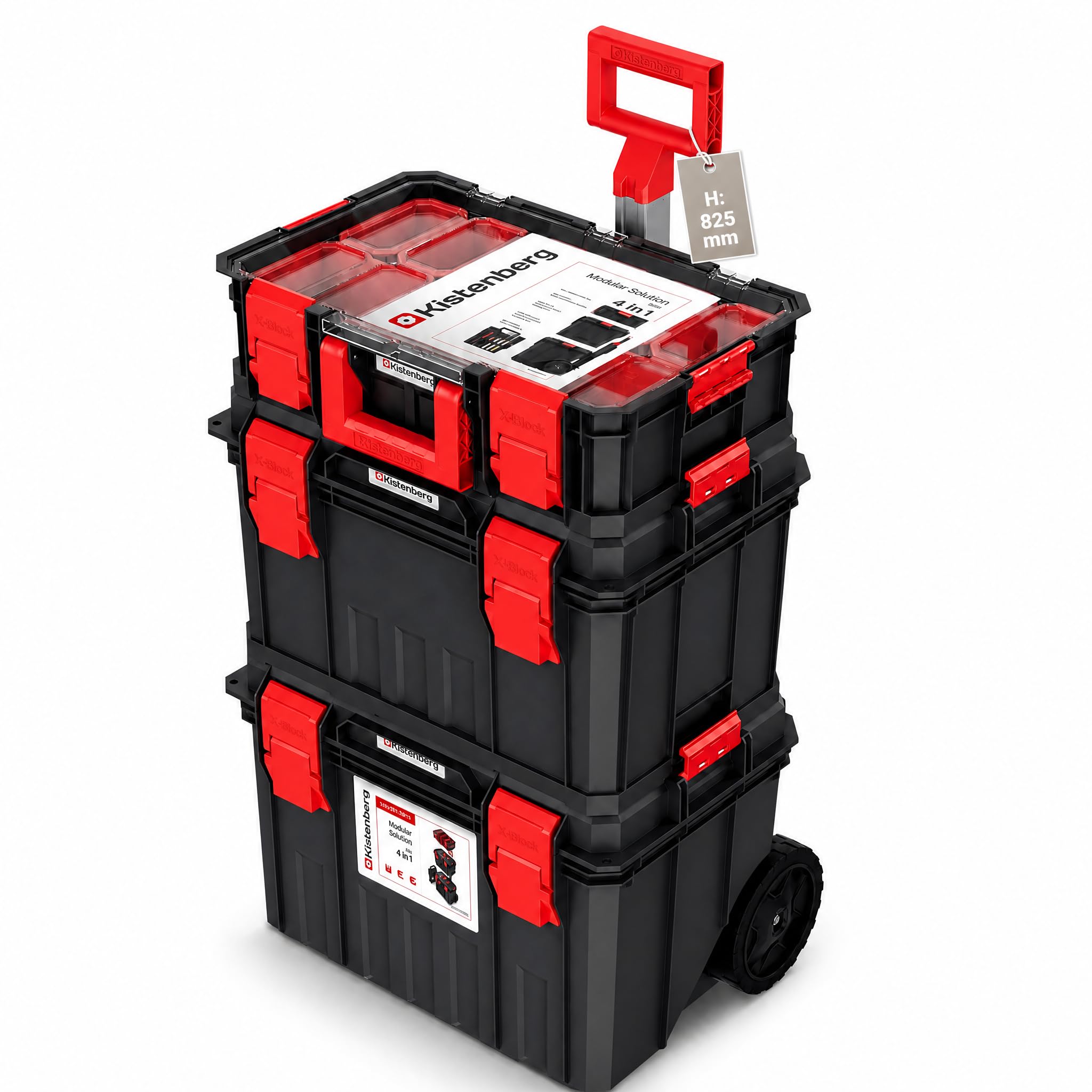 Carrello degli attrezzi, 530 x 355 x 825 mm, cassetta degli attrezzi con ruote | Officina con ruote, con organizer, scatola assortita e chiusure a clip X-Block, mobile, impilabile, modularmente espandibile