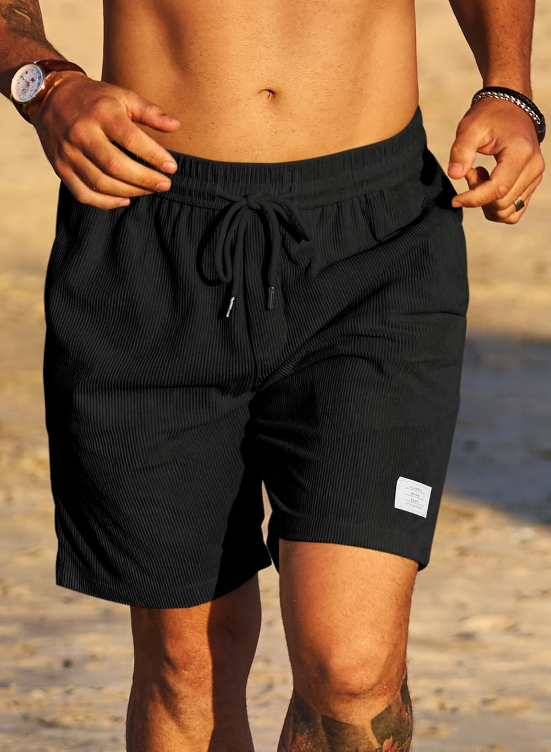 Men's Corduroy Shorts Casual Elastic Waist Drawstring Lightweight Summer Beach Shorts - Image 2